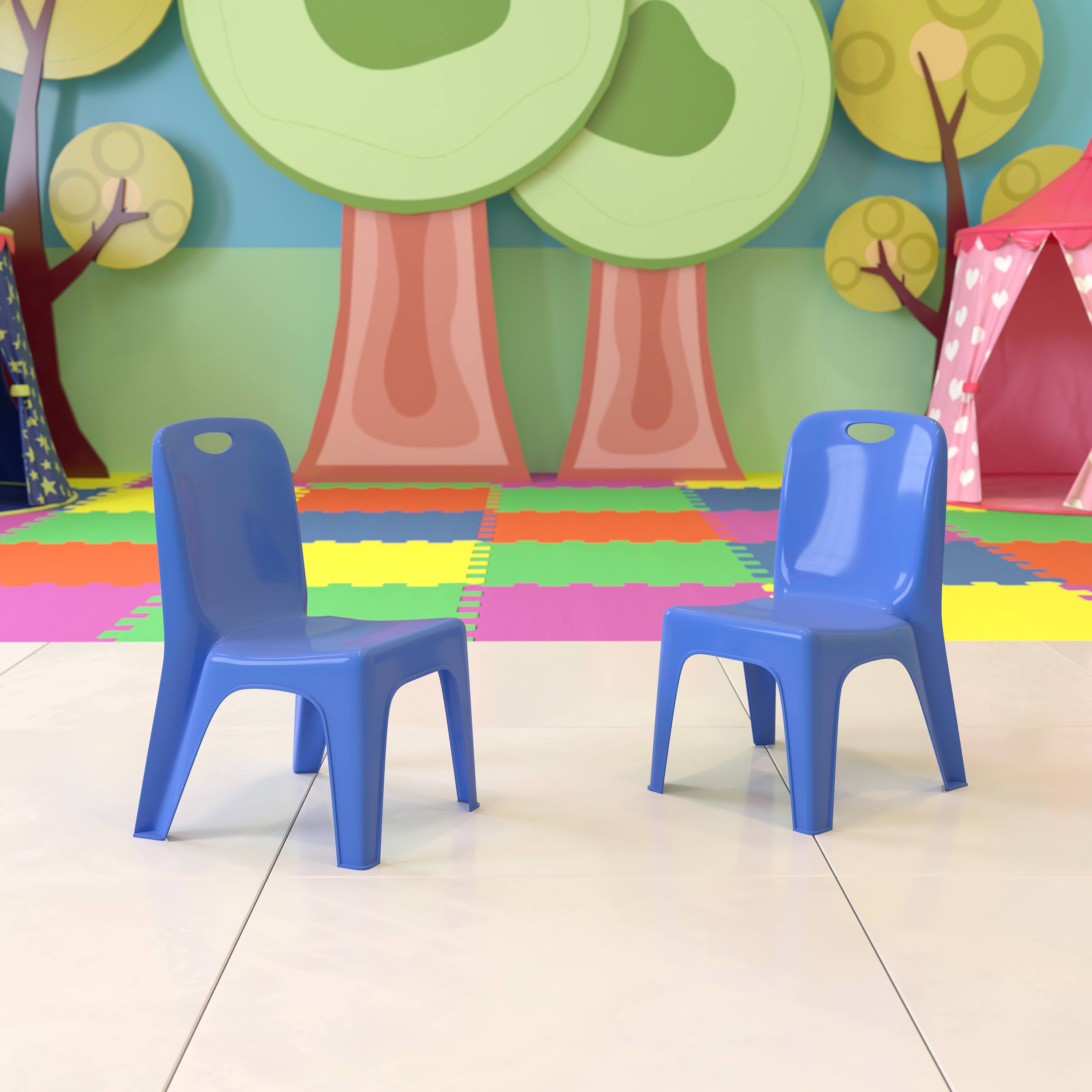 Alt View 2. Emma + Oliver - 2 Pack Plastic Stackable School Chair with Carrying Handle and 11"H Seat - Blue.