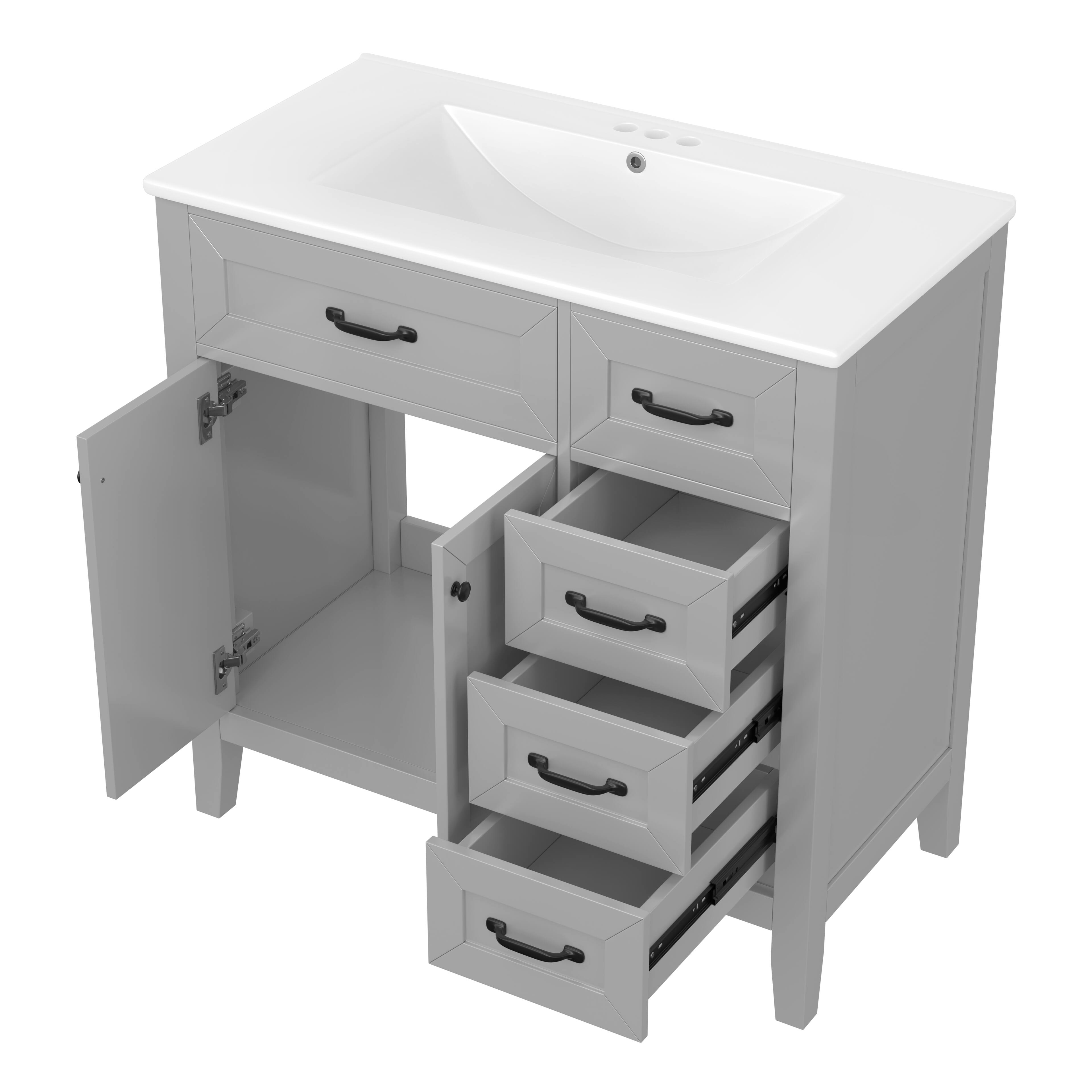 Alt View 5. Tiramisubest - 36" Bathroom Vanity with Sink Combo, Gray Bathroom Cabinet with Drawers, Solid Frame and MDF Board - Gray.