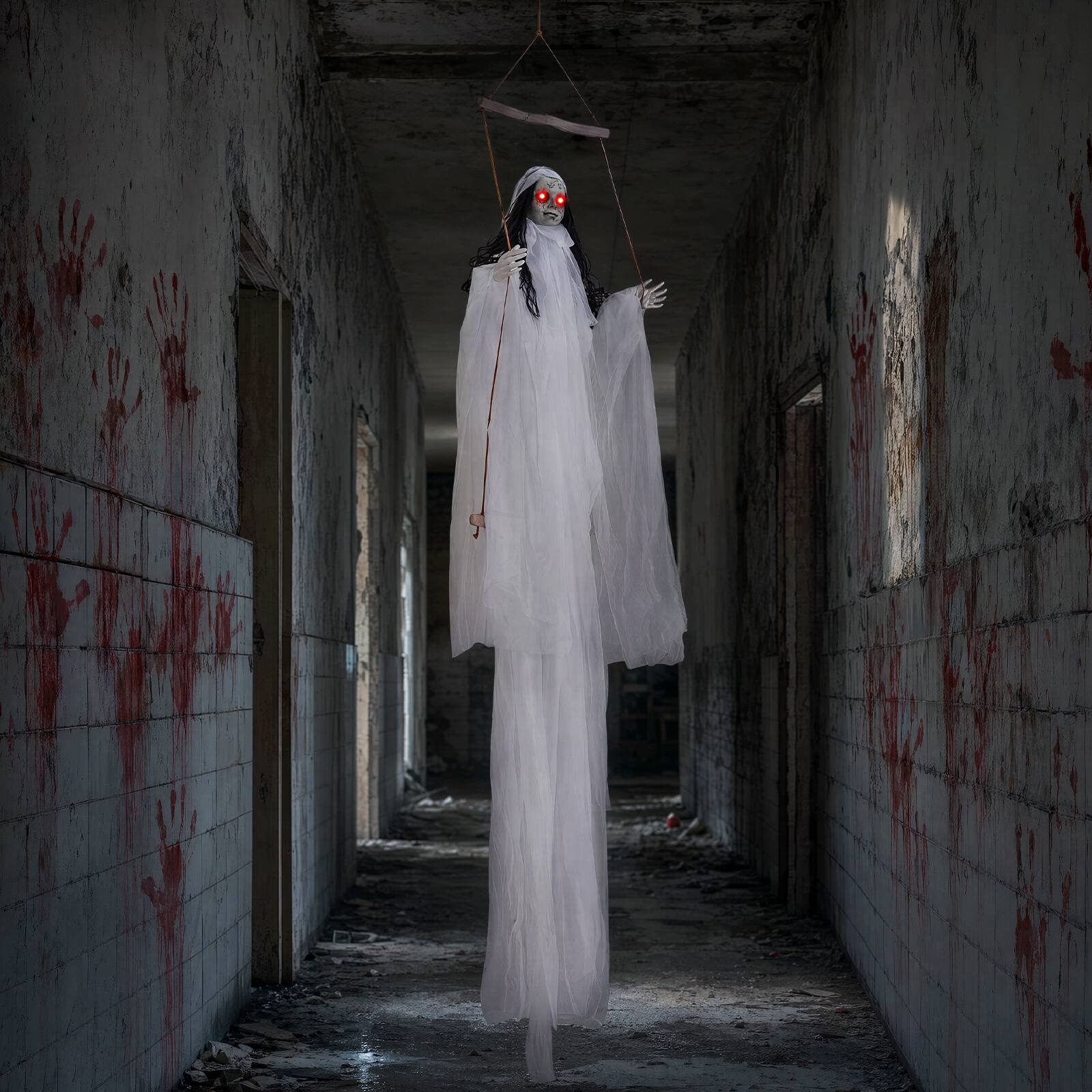 Alt View 4. Costway - Costway 6.4 ft Halloween Decoration with Light Up Eyes and Creepy Sounds, Scary Face - White.