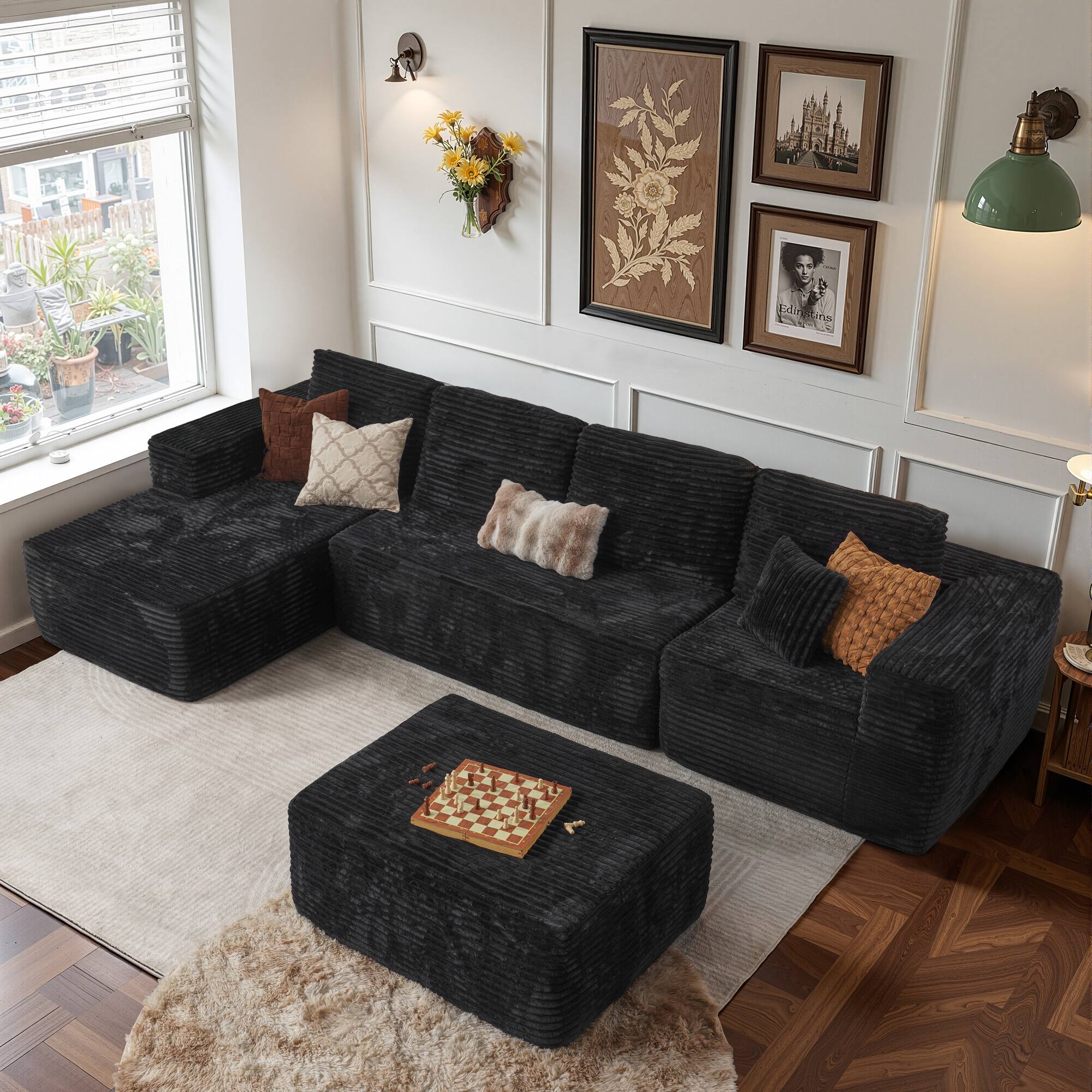"Ovios - 135"" L Shaped Sectional Sofa with Chaise Lounge & Oversized Ottoman for Living Room - Black(F6)" price history on PriceWatchPro