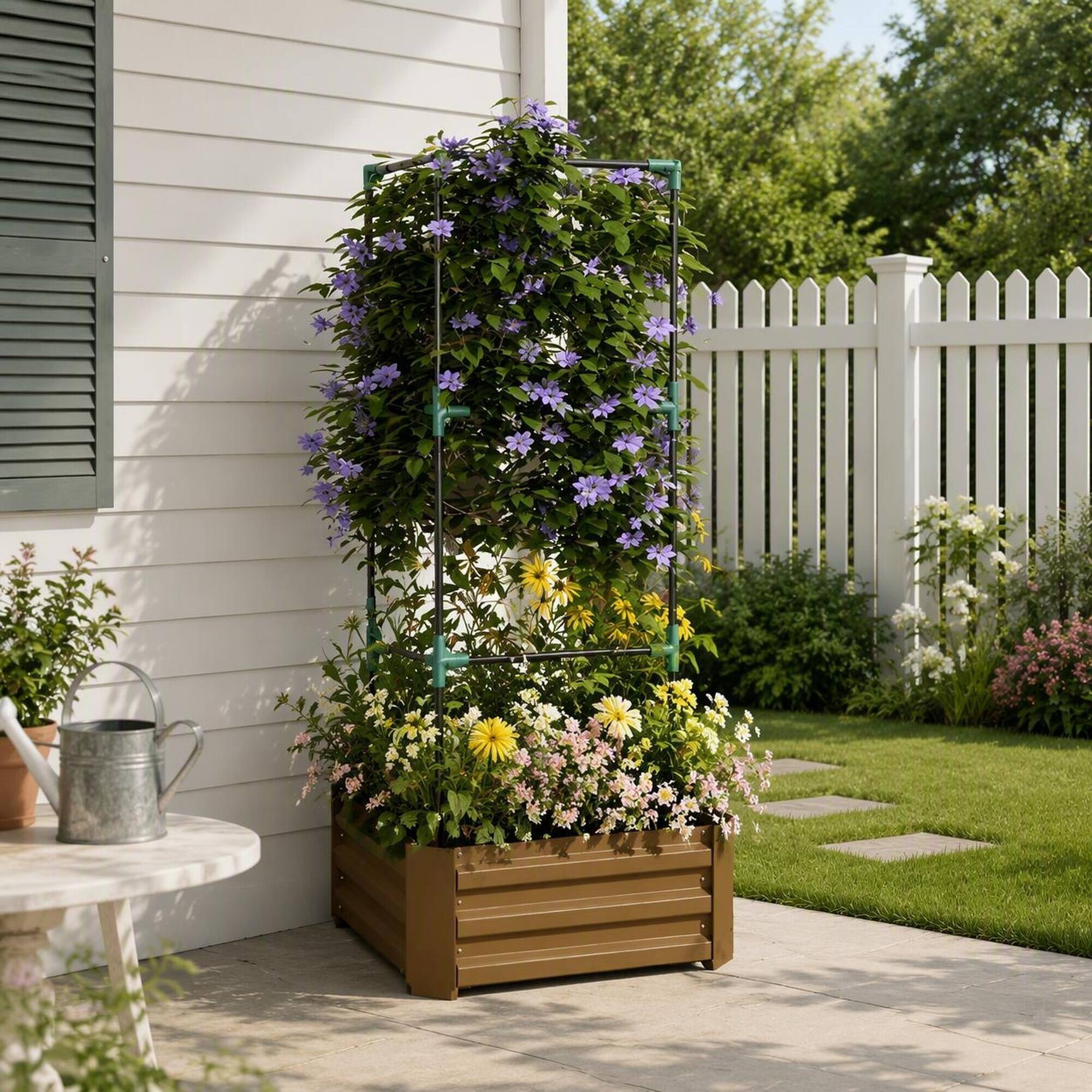 Back. RYHNUYNE - Galvanized Raised Garden Bed with Tomato Cage Trellis for Climbing Vines, 24x24x55 Inch Brown Metal Planter Box - Brown.