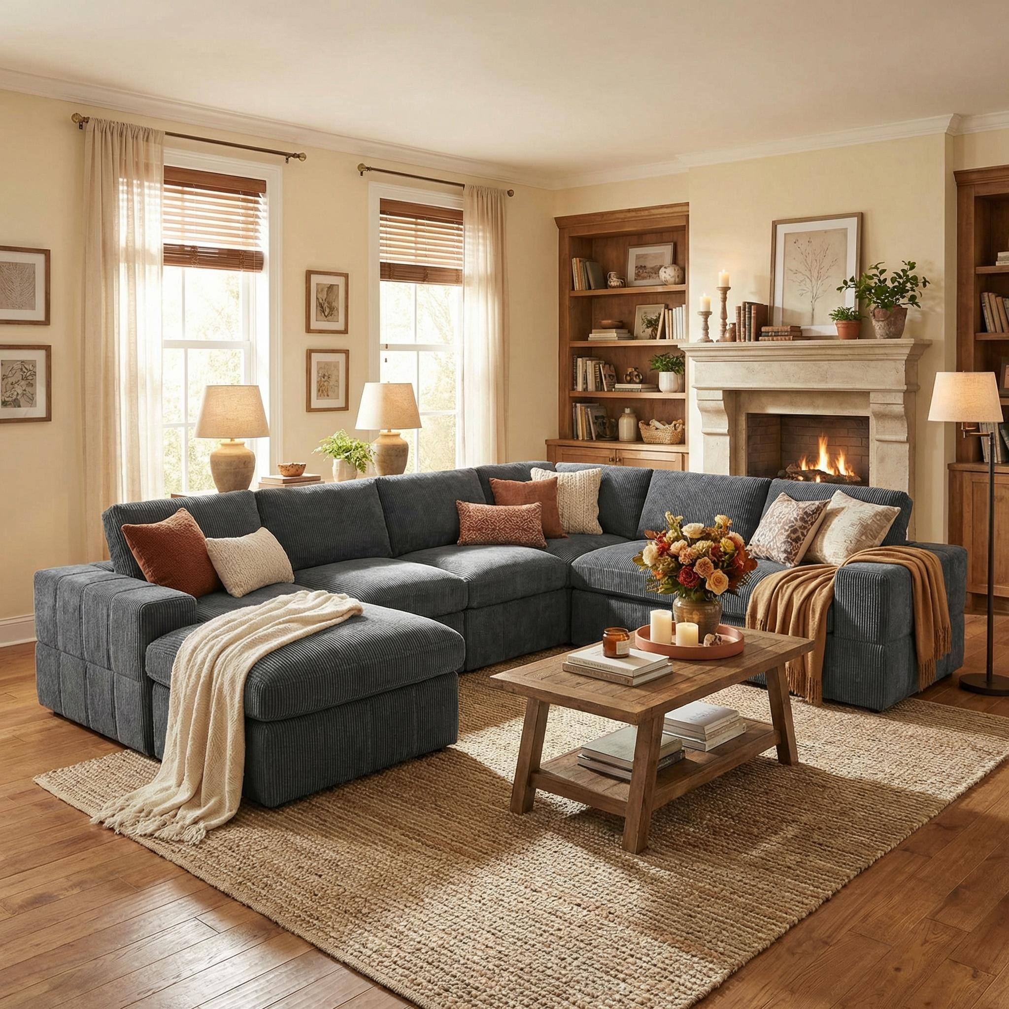 Alt View 2. Boyel Living - Living Room Corduroy Modular Sectional Sofa Large U Shaped 7 Piece Set with Storage Ottoman - Charcoal Gray.