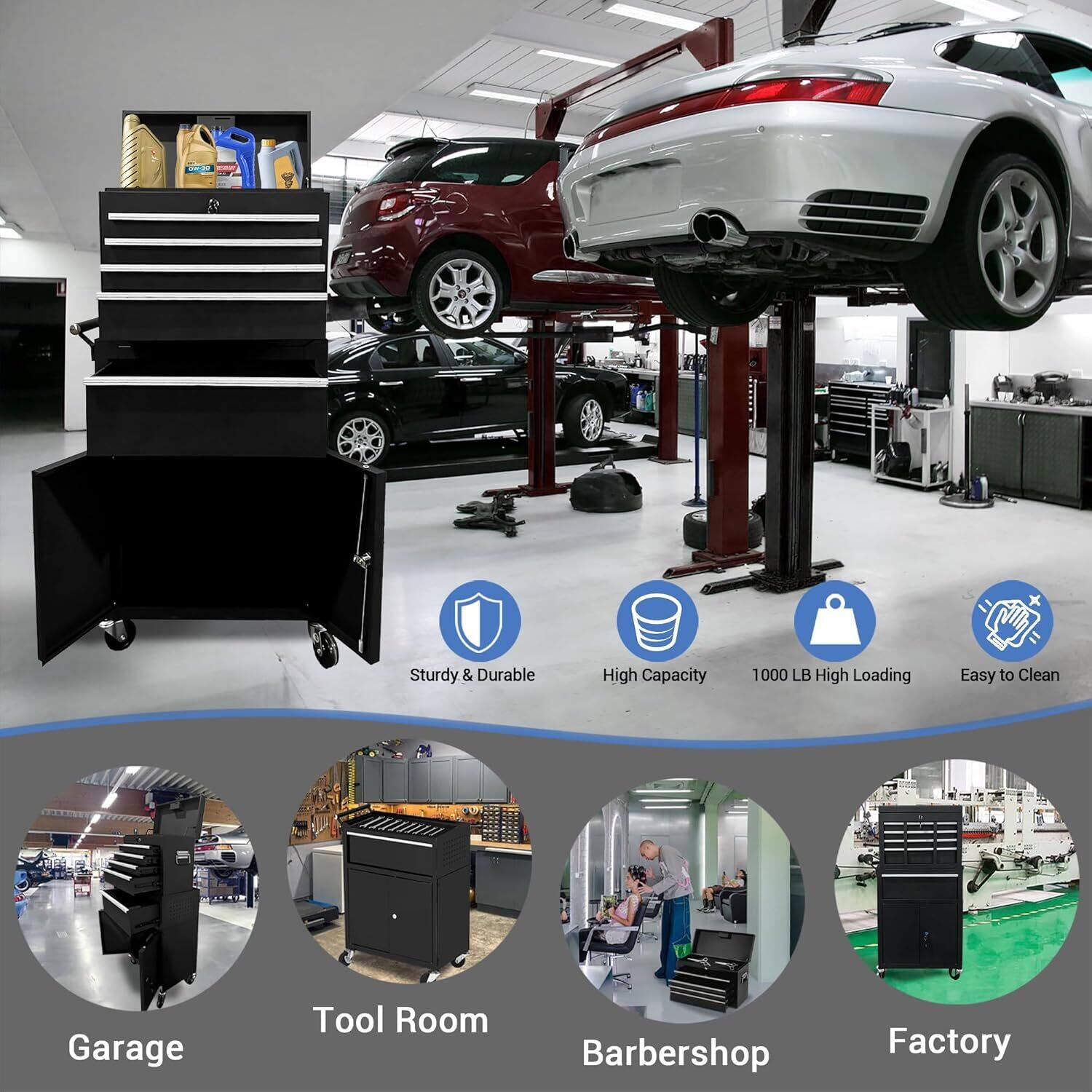 Sturdy & Durable  
High Capacity  
1000 LB High Loading  
Easy to Clean  

Garage  
Tool Room  
Barbershop  
Factory