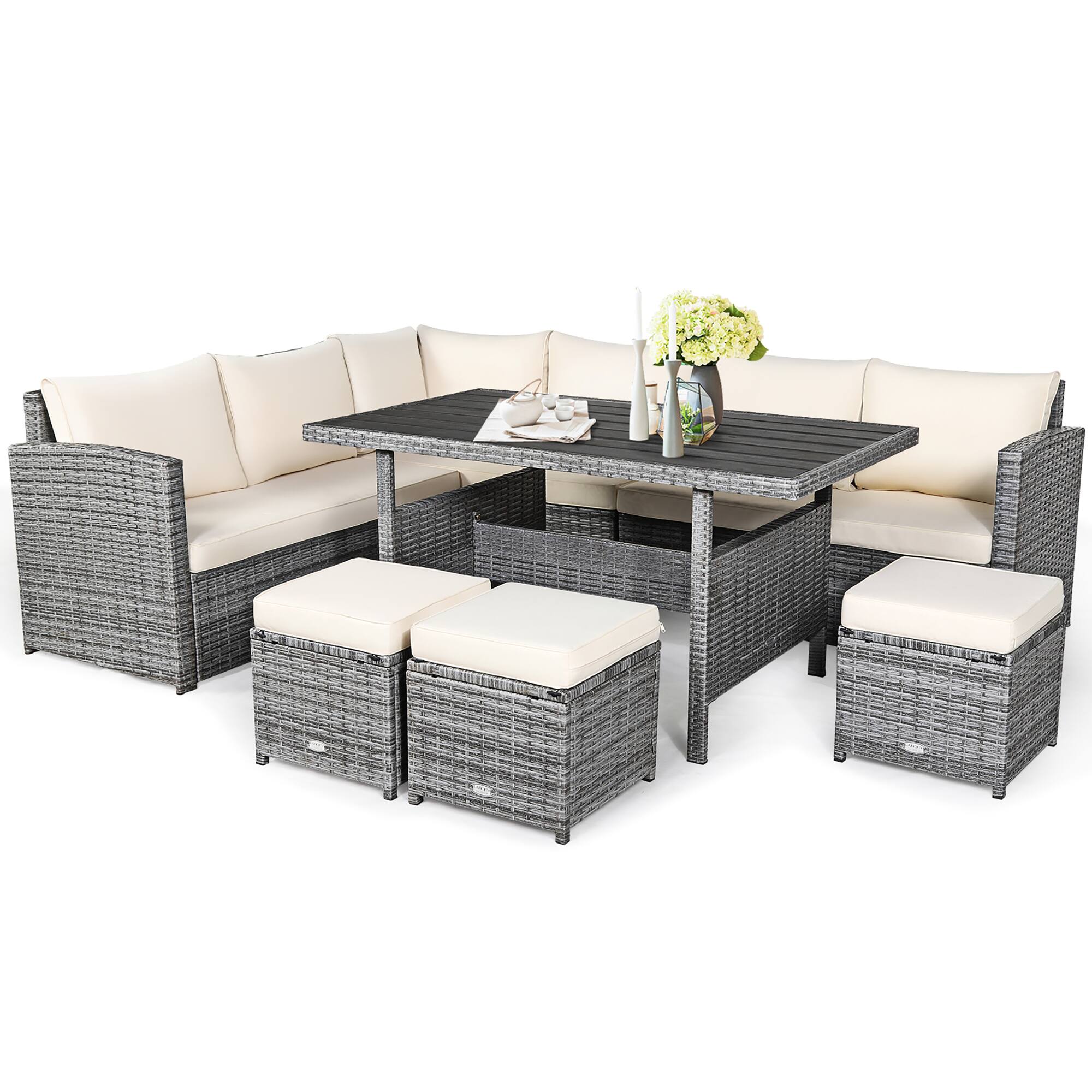 Alt View 5. Costway - 7 PCS Patio Rattan Dining Set Sectional Sofa Couch Ottoman Garden - White.