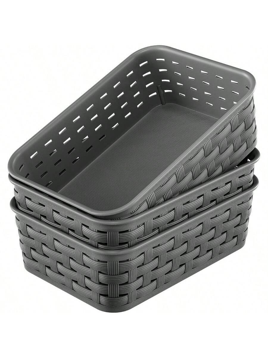 Front. Live At Space - 3 Pack Small Plastic Basket, Storage Bin Baskets Organizing, Pantry Organizer Household Wicker Storage Laundry Room, - 3 packs of Small Drak.