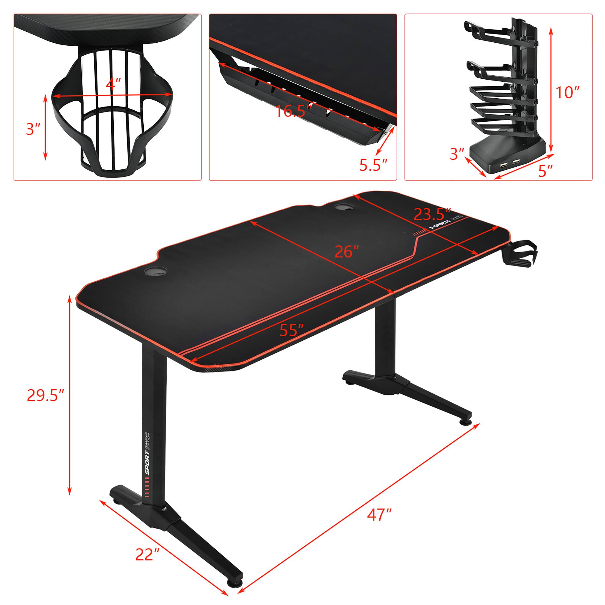 The image shows a table with a black frame and a black top. The table is accompanied by a chair, and the table is described as being 29.5 inches wide. The table also has a 16.5-inch height, and it is made of metal. The table is shown in a white background, and it is accompanied by a diagram that shows the dimensions of the table and the chair. The table is also described as being 26 inches wide and 55 inches long.