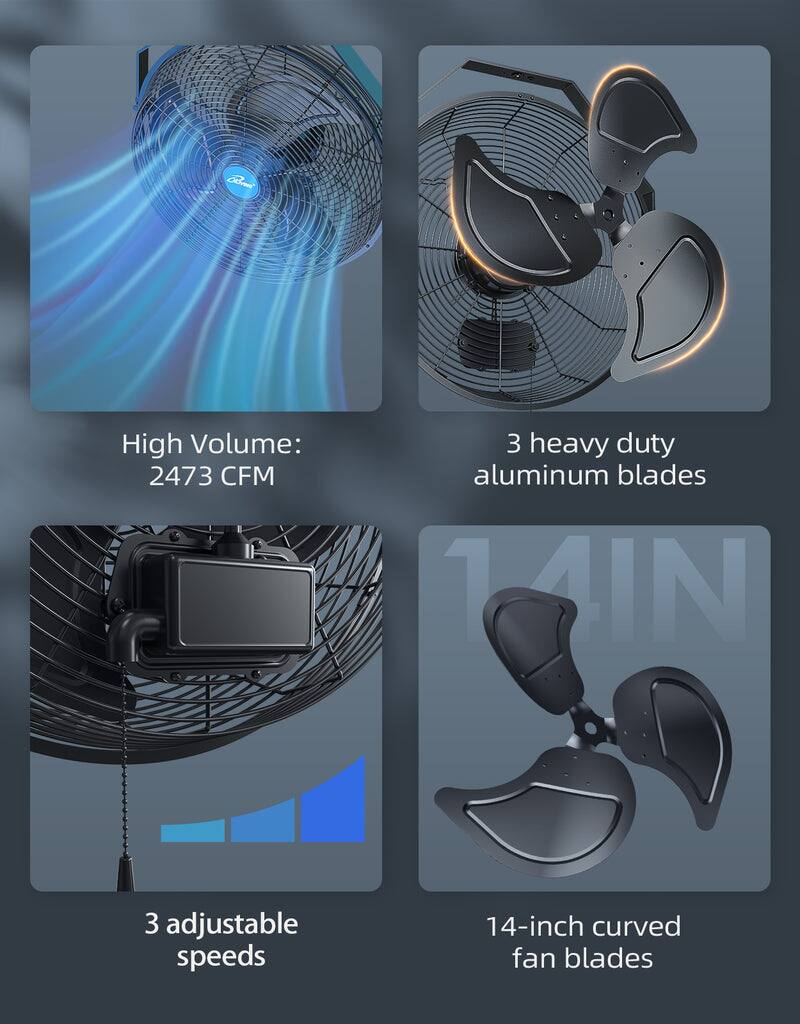 High Volume: 2473 CFM  
3 heavy duty aluminum blades  
3 adjustable speeds  
14-inch curved fan blades
