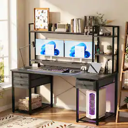 Aheaplus - Computer Desk with Hutch, Gaming Desk with Drawers, LED Lights, Outlets, and Monitor Stand - Gray Oak