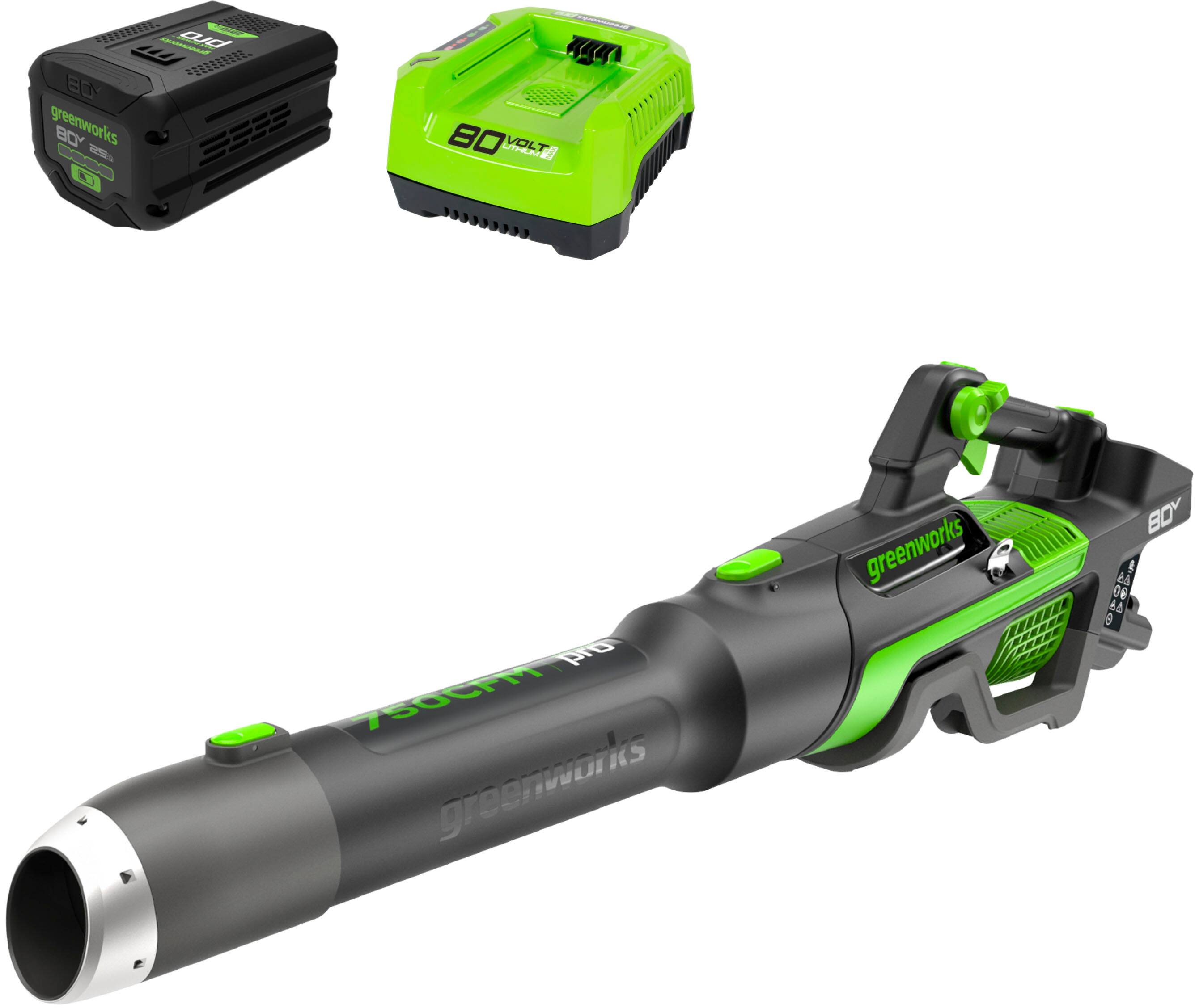 The image features a green and black electric drill, which is a part of the Greenworks brand. The drill is accompanied by a charger and a battery pack, which are also green and black in color. The drill is designed for heavy-duty use and is suitable for various tasks, such as drilling holes or driving screws. The charger and battery pack are essential for recharging the drill's battery, ensuring that it remains ready for use.