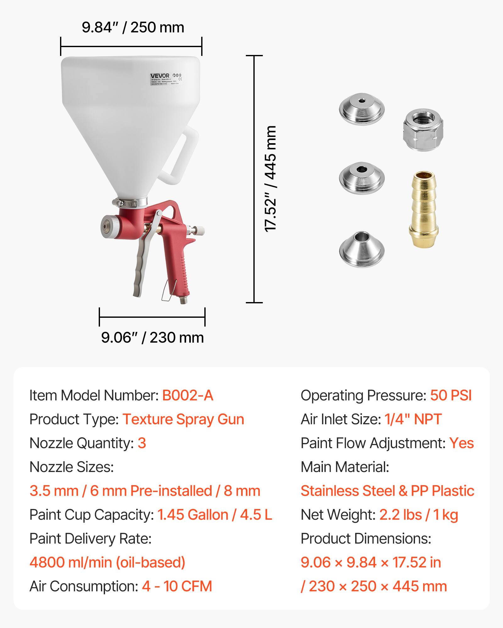 9.84" / 250 mm  
9.06" / 230 mm  
17.52" / 445 mm  

Item Model Number: B002-A  
Product Type: Texture Spray Gun  
Nozzle Quantity: 3  
Nozzle Sizes: 3.5 mm / 6 mm Pre-installed / 8 mm  
Paint Cup Capacity: 1.45 Gallon / 4.5 L  
Paint Delivery Rate: 4800 ml/min (oil-based)  
Air Consumption: 4 - 10 CFM  
Operating Pressure: 50 PSI  
Air Inlet Size: 1/4" NPT  
Paint Flow Adjustment: Yes  
Main Material: Stainless Steel & PP Plastic  
Net Weight: 2.2 lbs / 1 kg  
Product Dimensions: 9.06 x 9.84 x 17.52 in / 230 x 250 x 445 mm