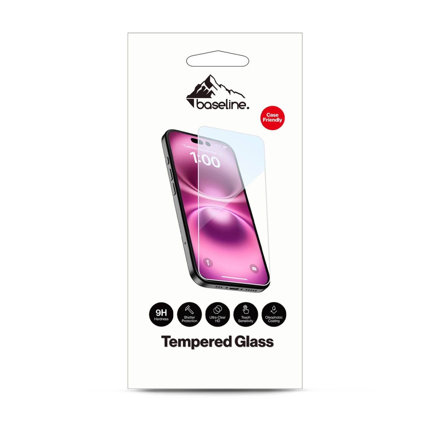 baseline. Case Friendly  
- 1:00  
- 9H Hardness  
- Scratch Protection  
- Ultra-Clear HD  
- Touch Sensitivity  
- Oleophobic Coating  
- Tempered Glass