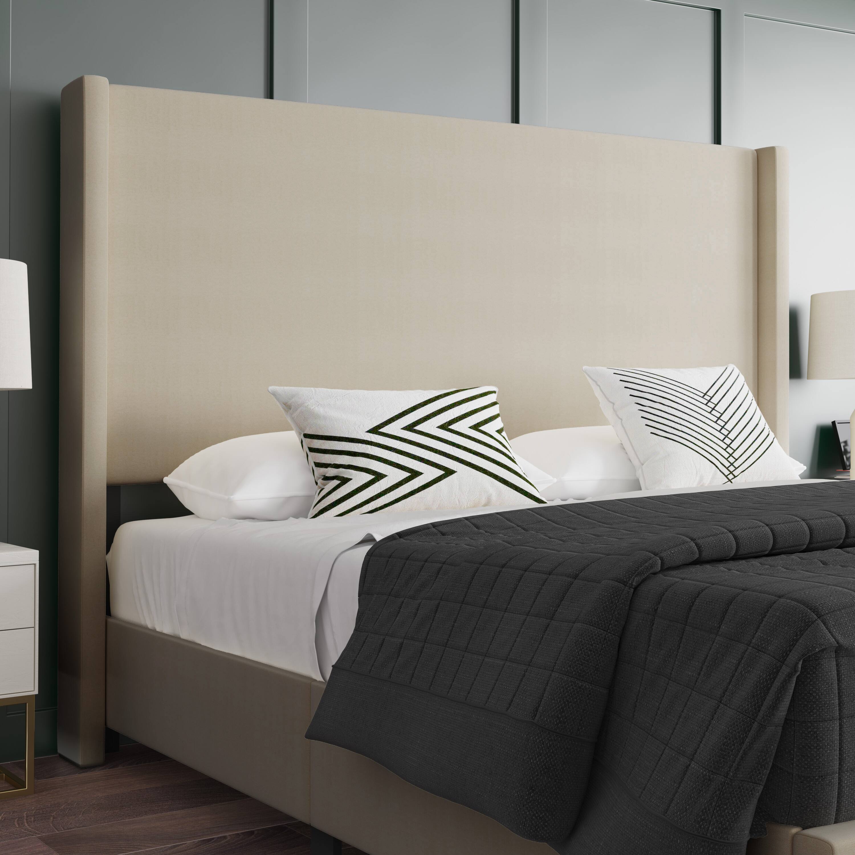 Alt View 4. Emma + Oliver - Nora upholstered Platform Bed with Plush Padded Wingback Headboard and Wood Support Slats - No Box Spring Needed - Beige.