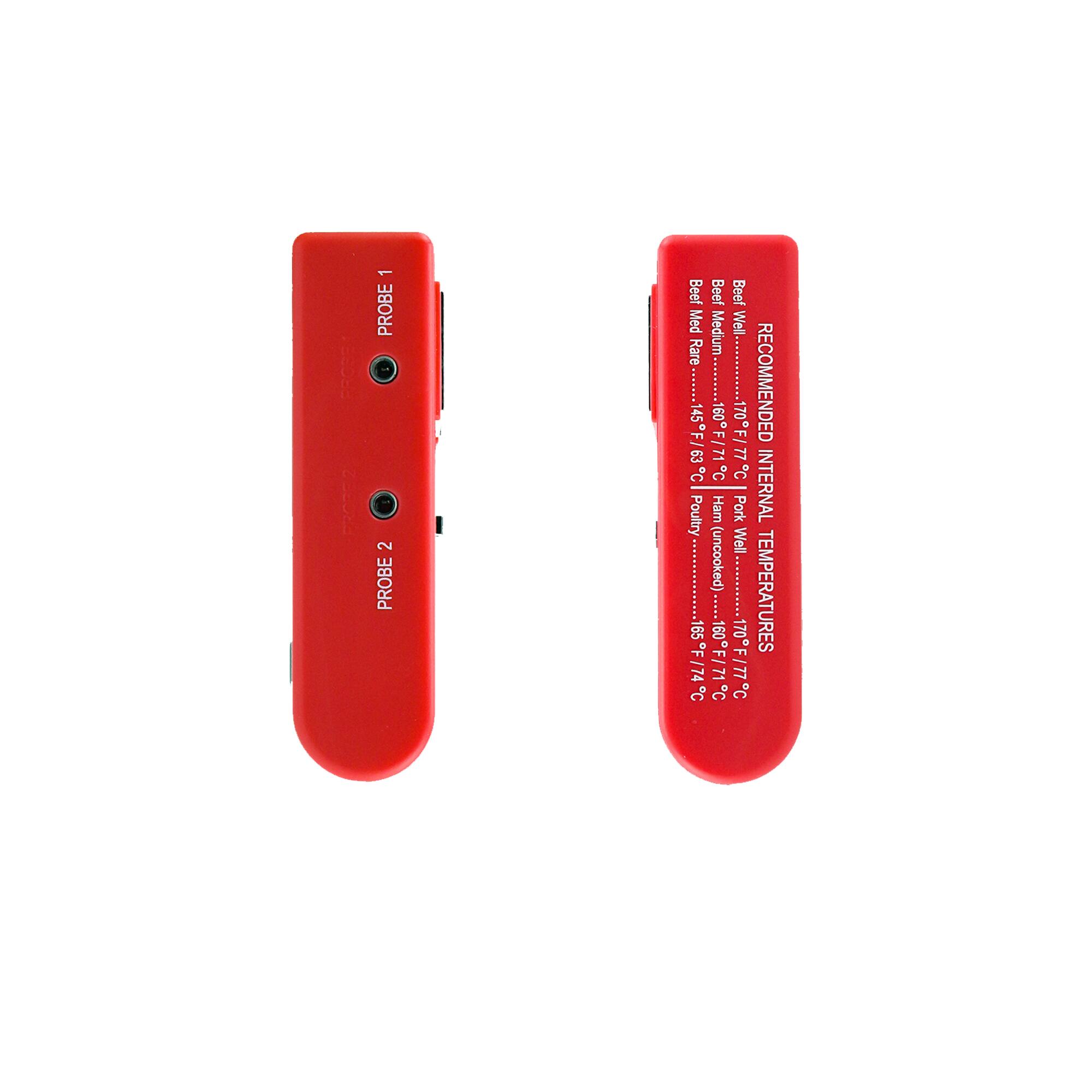The image shows two red Probe thermometers, each with a label on the back. The labels provide temperature recommendations for different types of food, such as beef, poultry, and ham. The recommended temperatures are listed in both Fahrenheit and Celsius, with the corresponding temperature ranges for each type of food. The thermometers are designed to help ensure that food is cooked to the appropriate temperature for safety and optimal taste.
