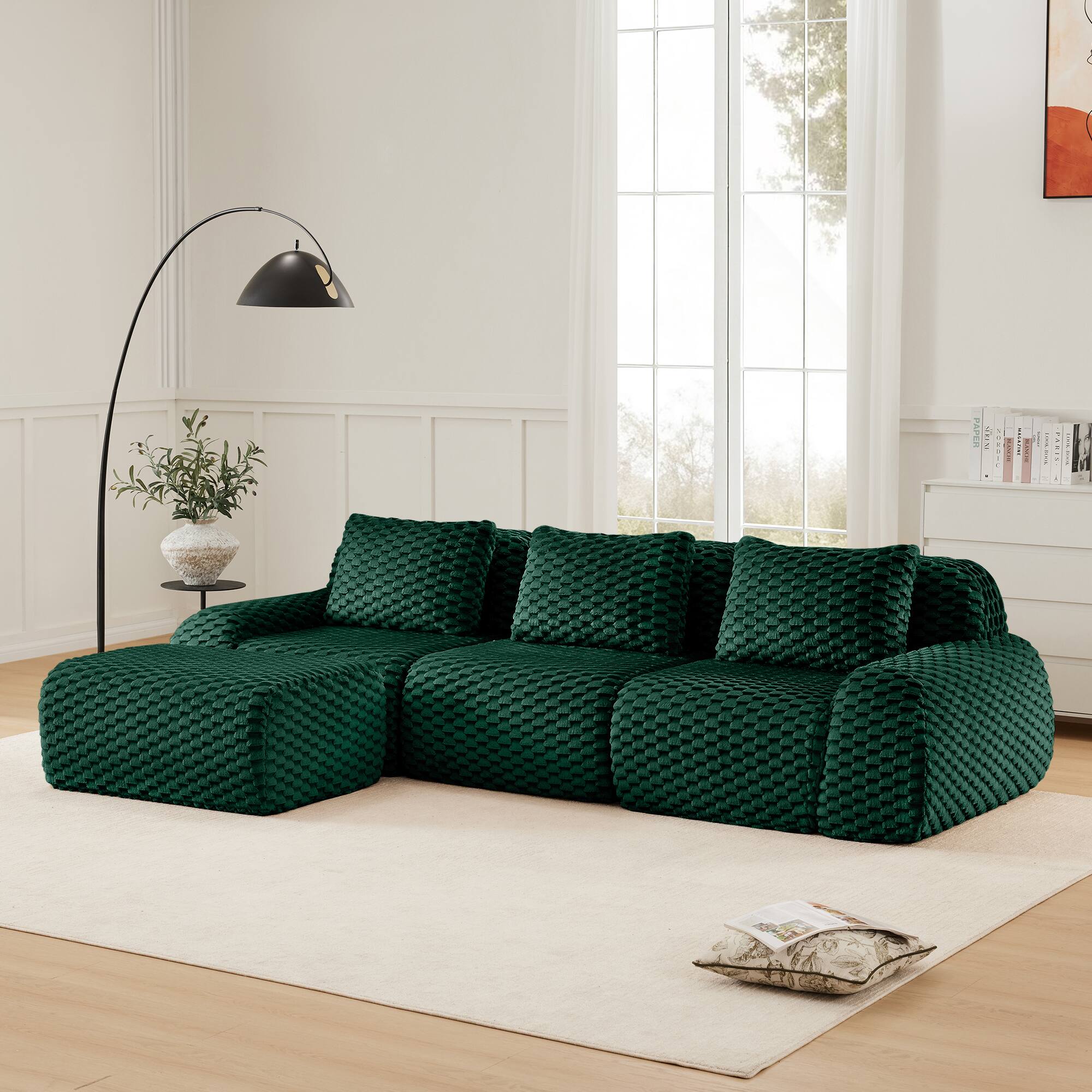 Aukfa - 114" Modern L-Shaped Modular Sectional Sofa - Flannelette Fabric, 3-Seater with Ottoman, Buckle Connection, No Assembly - Green