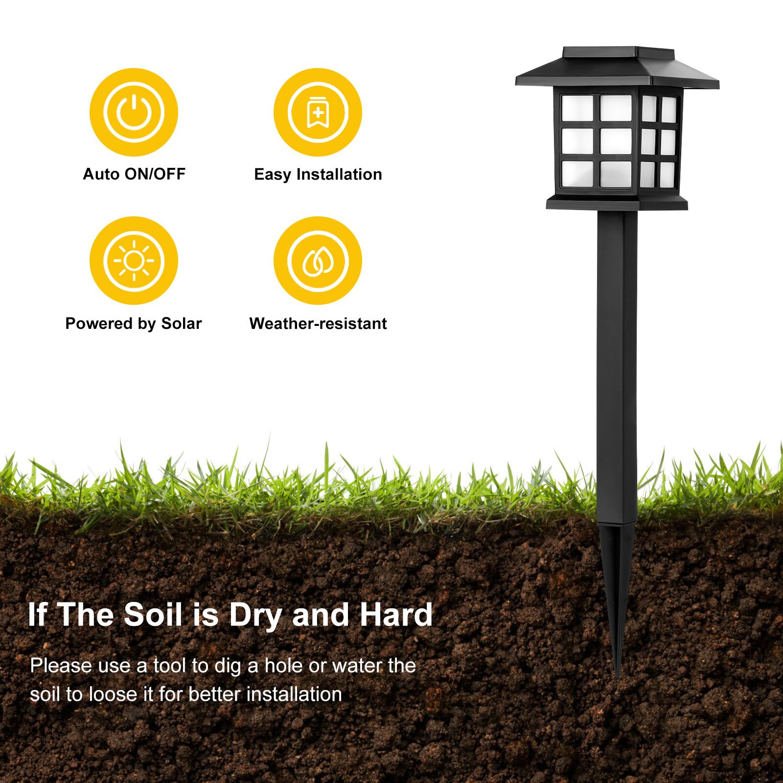 Auto ON/OFF  
Easy Installation  
Powered by Solar  
Weather-resistant  

If The Soil is Dry and Hard  
Please use a tool to dig a hole or water the soil to loosen it for better installation