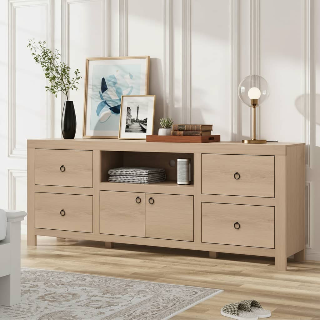 GARVEE - Farmhouse TV Stand, with 6 Storage Drawers & Soundbar Shelf - Natural