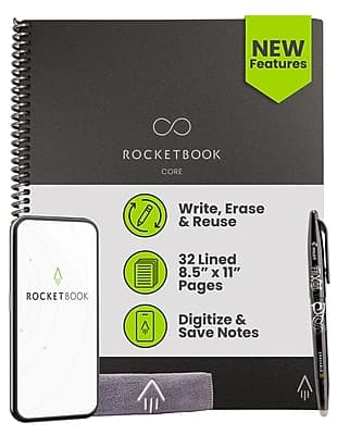 Rocketbook - Core Reusable Smart Notebook, 8.5" x 11", Lined Ruled, 32 Sheets - Black