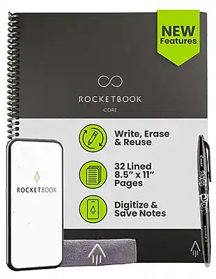 NEW Features
ROCKETBOOK CORE
Write, Erase & Reuse
32 Lined 8.5" x 11" Pages
Digitize & Save Notes