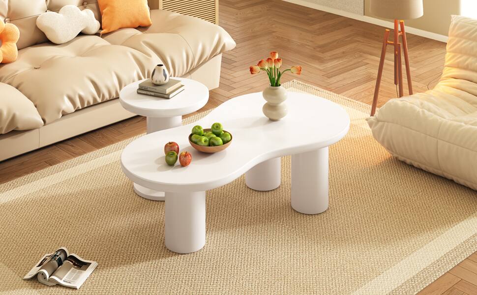 Alt View 10. Tiramisubest - Nesting Coffee Table Set of 2,Cloud Coffee Table with Round Side Table,Irregular Center Table with Thick Legs,White - White.