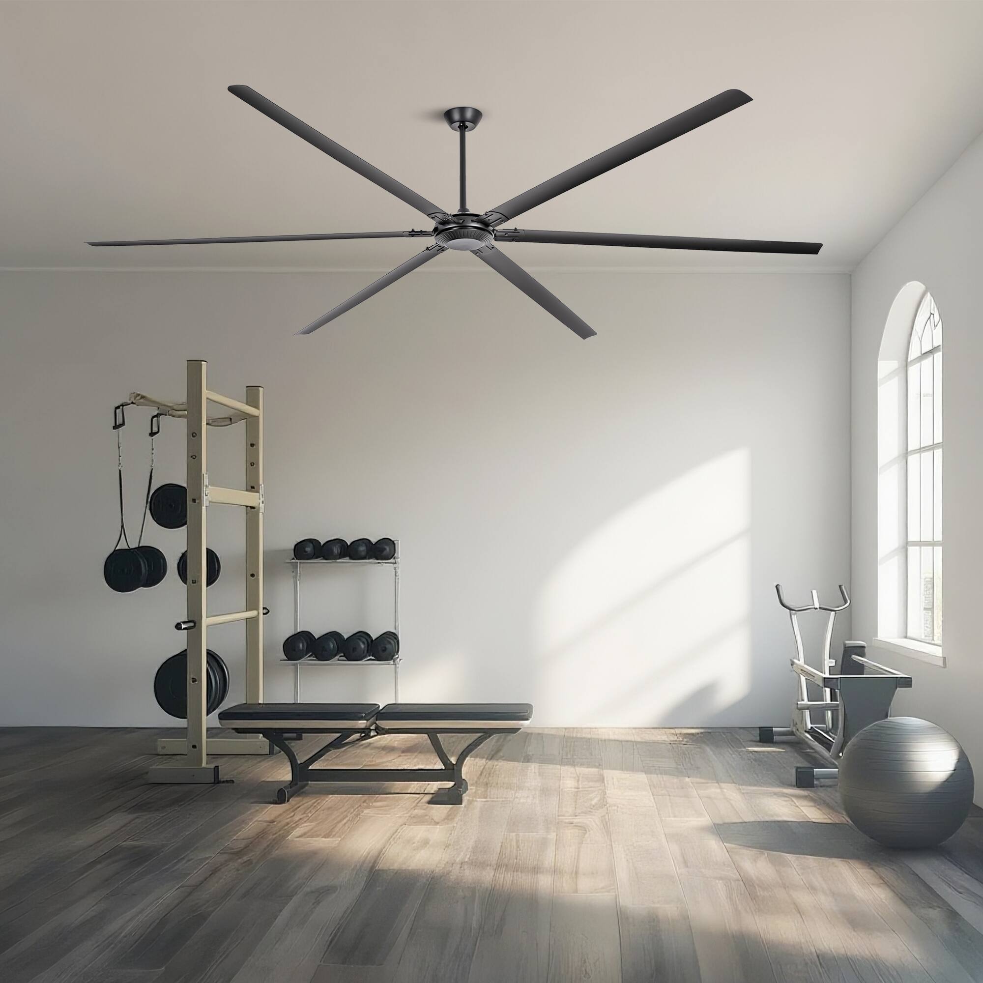 Left. Parrot Uncle - 120 Inch Industrial Aluminum 6 Blade DC Motor Large HVLS Ceiling Fan No Light - Black.