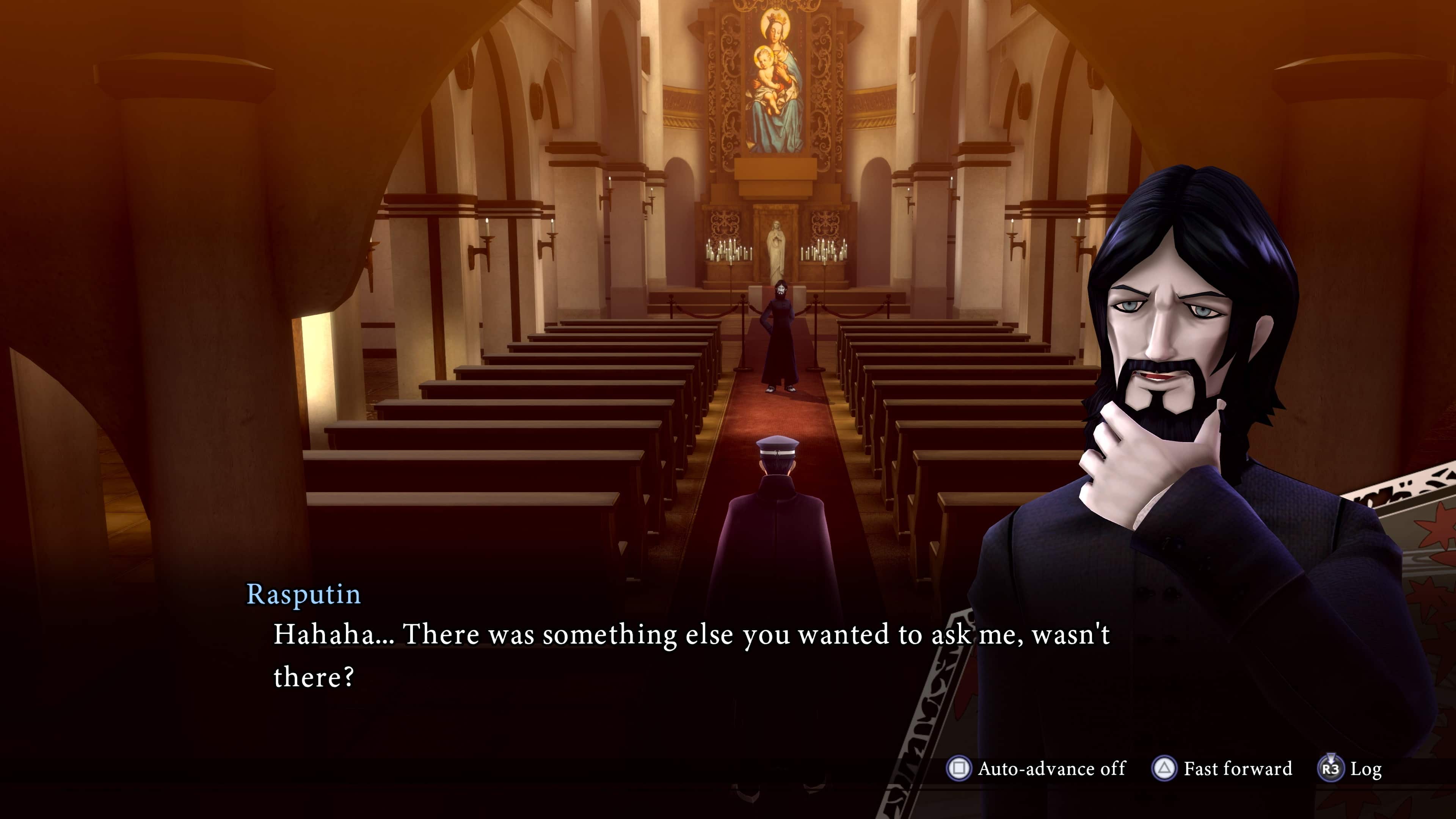 The text on the image reads: "Rasputin Hahaha... There was something else you wanted to ask me, wasn't there? Auto-advance off Fast forward R3 Log."