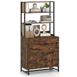 Costway - 2 Drawer Vertical File Cabinet w/Lock & Bookshelf, Letter Size Filing Cabinet - Coffee