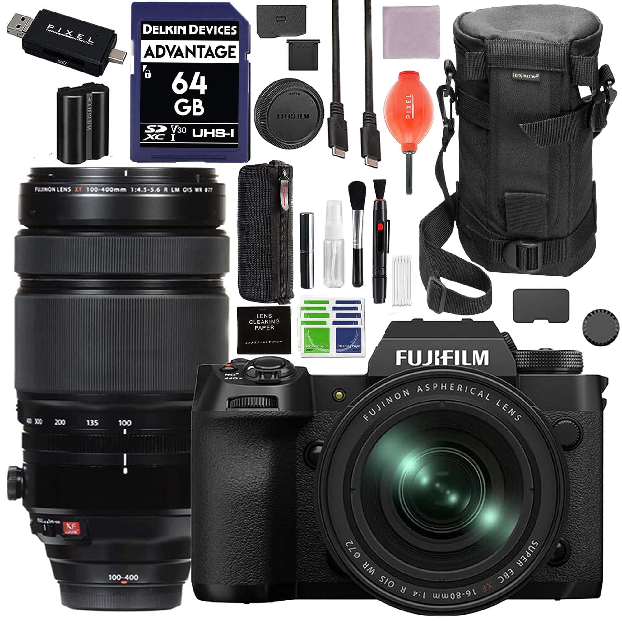Fujifilm - X-H2 Camera with XF16-80mm Lens & Fuji XF 100-400MM f/4.5-5.6 R LM OIS Lens Black with Advanced Accessories