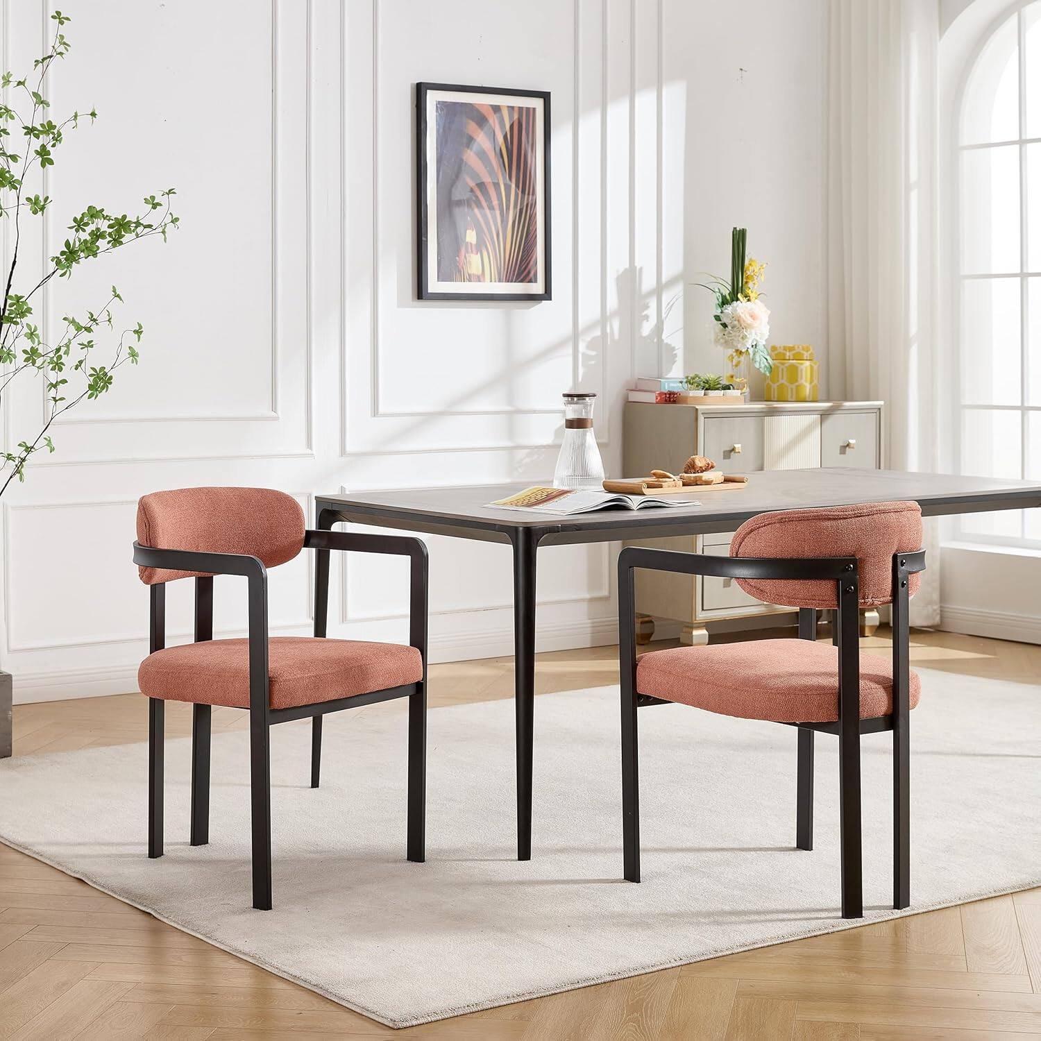 Alt View 4. Trinkets Crazed - Modern Dining Room Chairs Set of 2, Mid-Century Upholstered Boucle Kitchen Dining Chairs - orange.