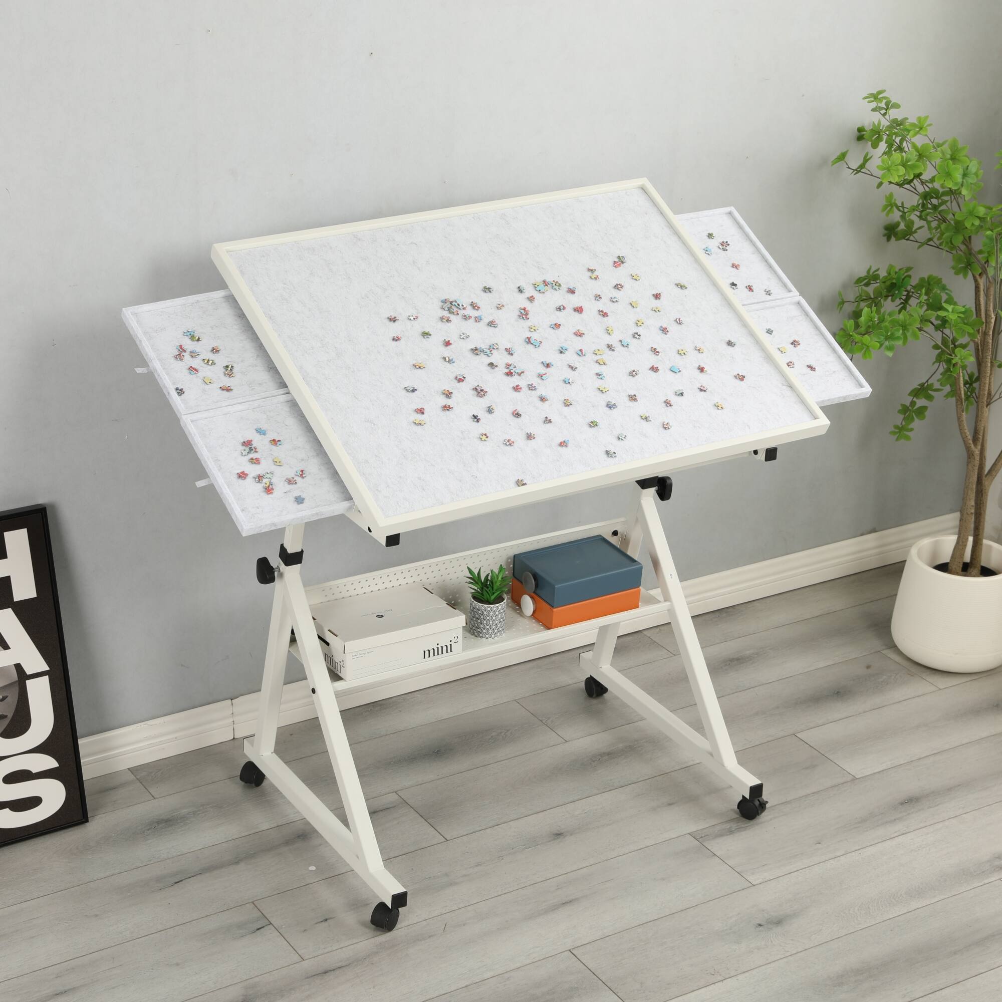 Alt View 6. GOODSILO - Adjustable Height Puzzle Table with Storage Trays and Rolling Wheels for Large 1500-Piece Jigsaw Projects - White+gray.