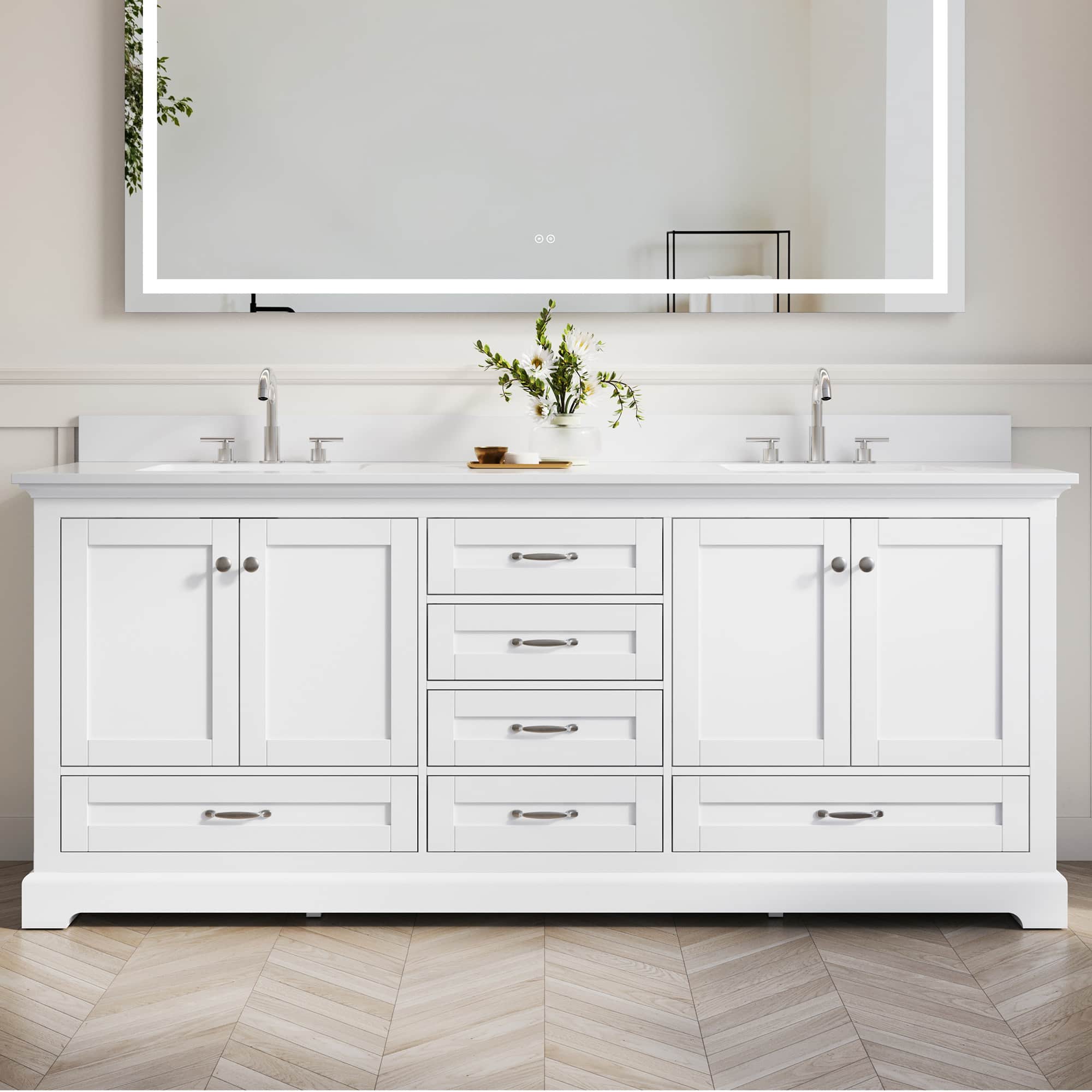 WELLFOR - LVD 80 in. Solid Wood Double Sink Freestanding Bath Vanity with Culutered Marble Top, Assembled - White