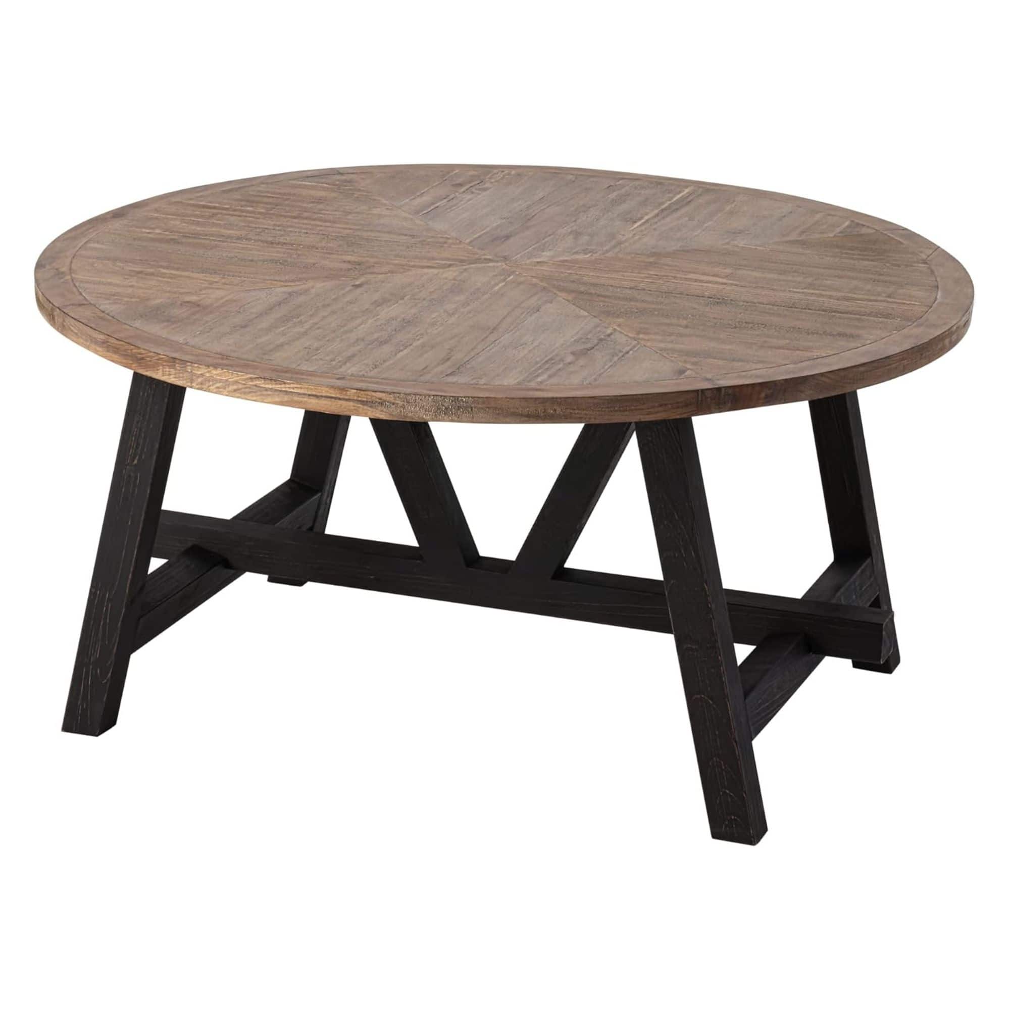 COZAYH - Rustic Farmhouse Round Coffee Table with Geometric Base for Living Room - Black & Brown