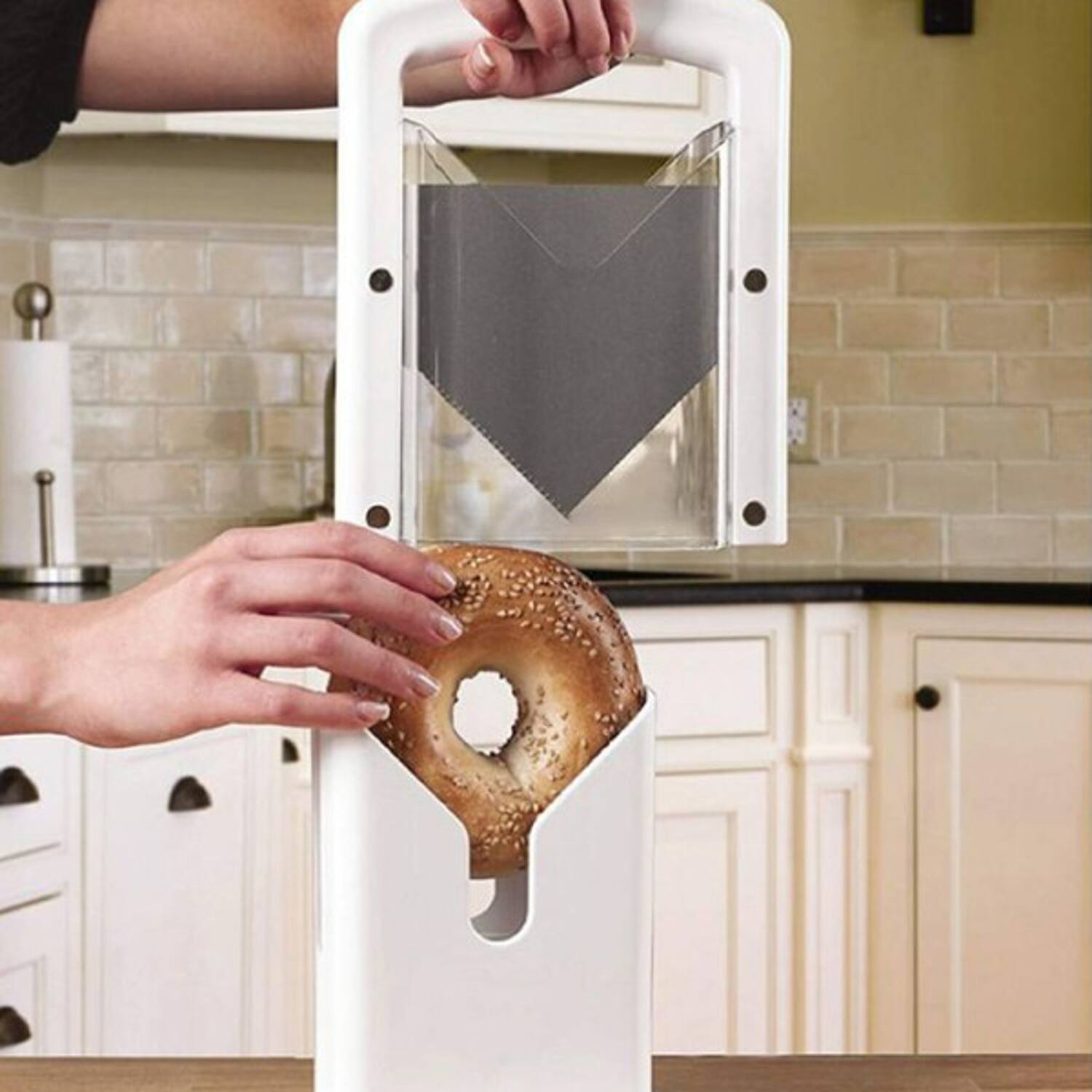 Left. Giantpower - Original Universal Bagel Guillotine Slicer White 9.25 inch - White.
