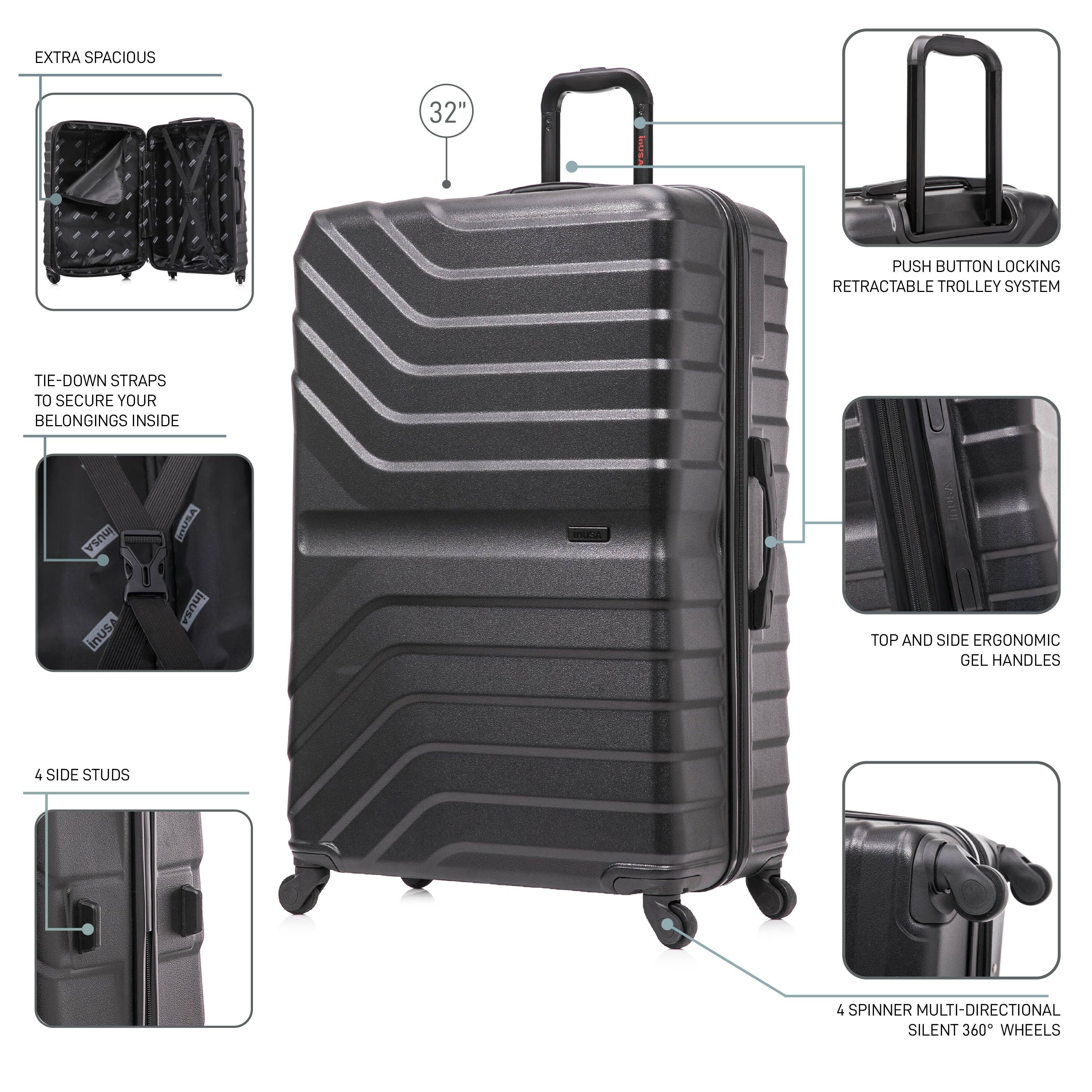 - EXTRA SPACIOUS
- 32" (height)
- TIE-DOWN STRAPS TO SECURE YOUR BELONGINGS INSIDE
- PUSH BUTTON LOCKING RETRACTABLE TROLLEY SYSTEM
- TOP AND SIDE ERGONOMIC GEL HANDLES
- 4 SIDE STUDS
- 4 SPINNER MULTI-DIRECTIONAL SILENT 360° WHEELS