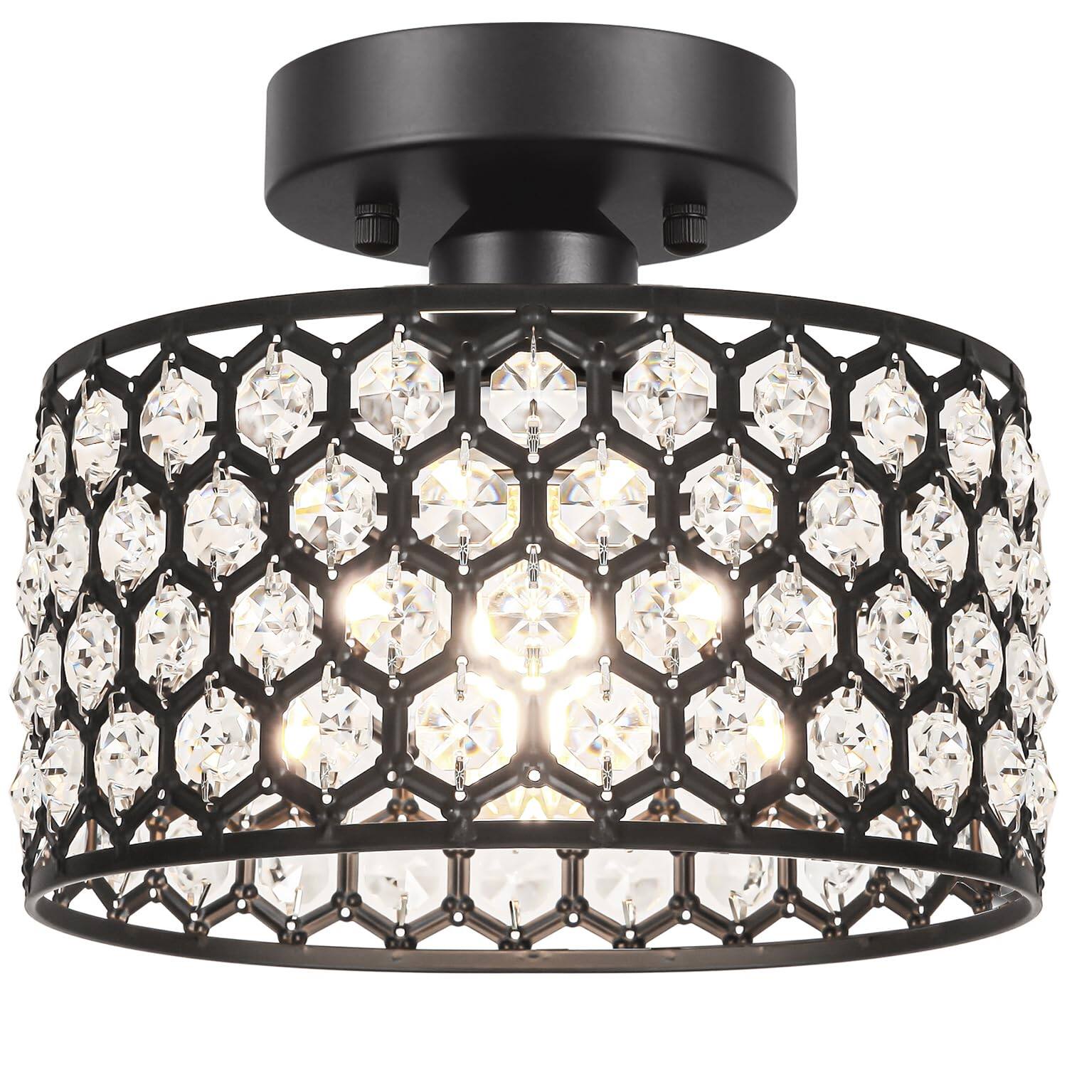 Front. Earthley Blooms - Crystal Ceiling Light Fixture Modern Semi Flush Mount Chandelier Lighting For Hallway Kitchen Foyer Daz - Black 9in A.