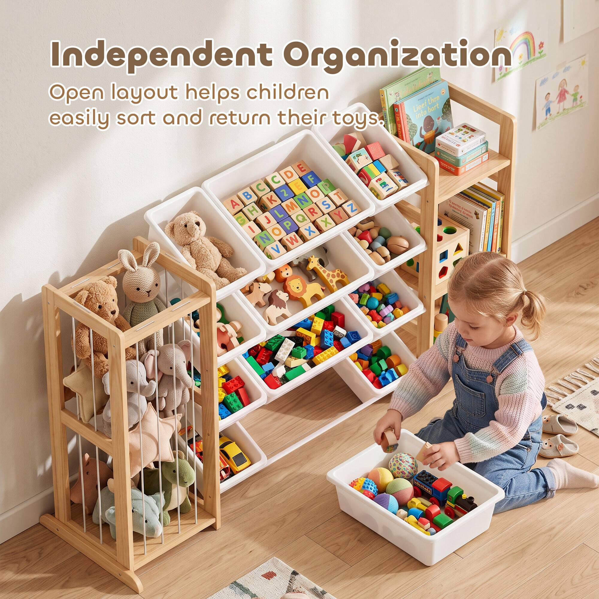 Independent Organization  
Open layout helps children easily sort and return their toys.