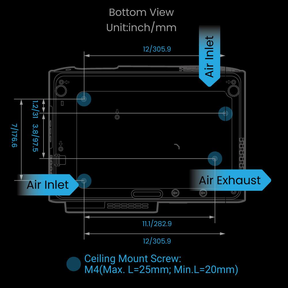 Bottom View  
Unit: inch/mm  

- Inlet Air: 12/305.9  
- Air Inlet: 7/176.6  
- Air Exhaust: 11.1/282.9  
- Ceiling Mount Screw: M4 (Max. L=25mm; Min. L=20mm)