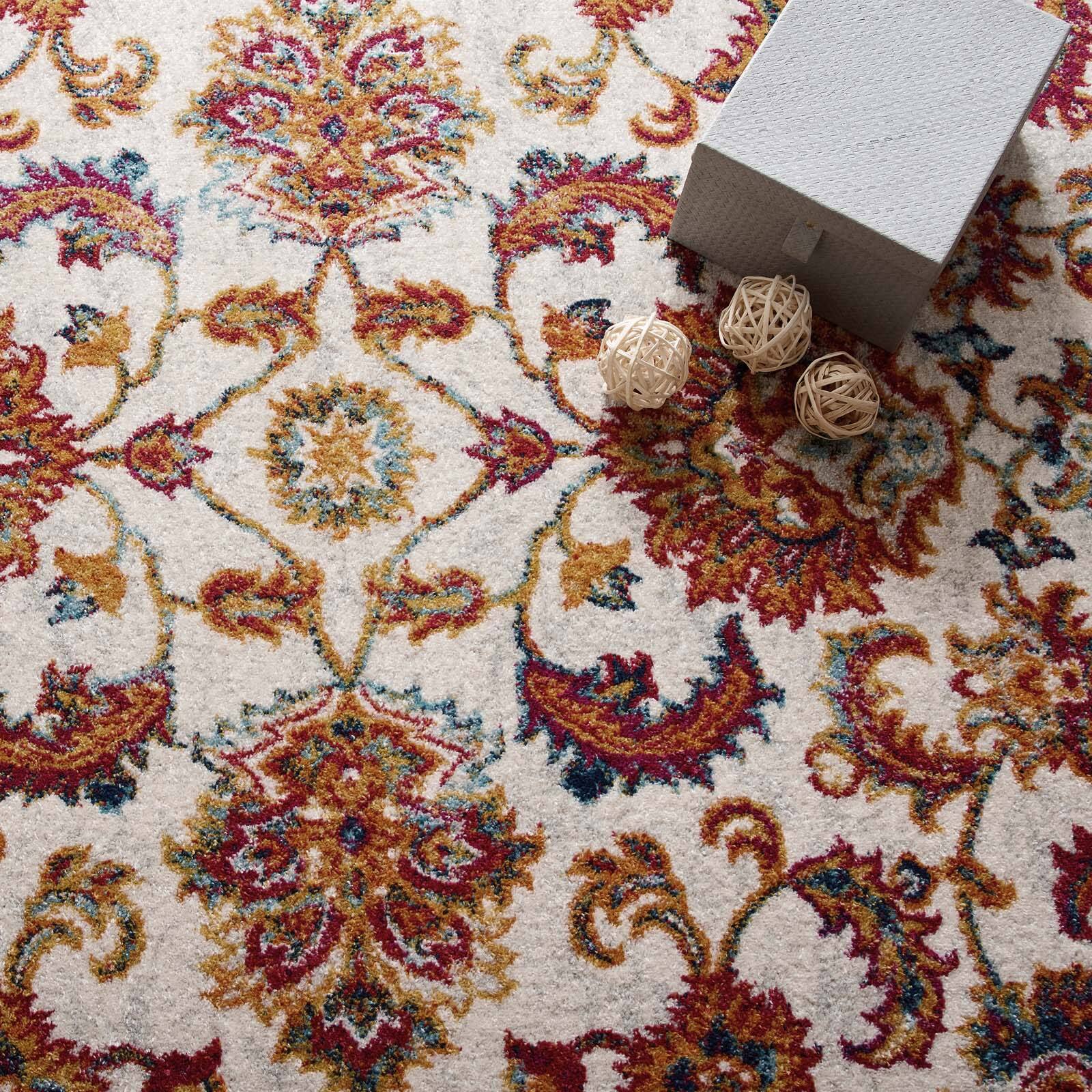 Left. Modway - Entourage Azami Distressed Vintage Floral Lattice Area Rug - Ivory Blue Orange Yellow Red.