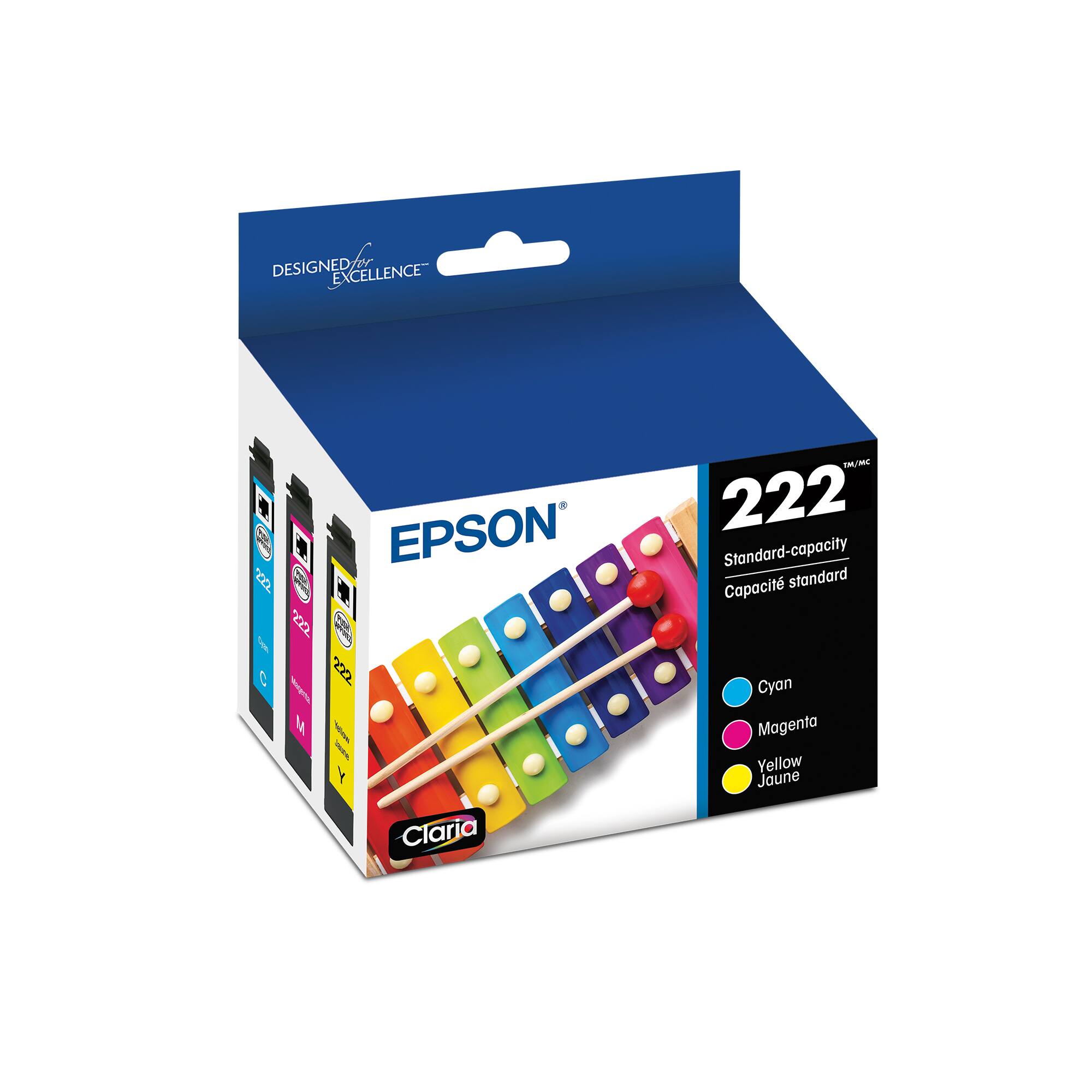 Designed for excellence, Epson 222 is a standard-capacity ink cartridge that comes in a pack of four. The cartridges are available in cyan, magenta, and yellow colors.
