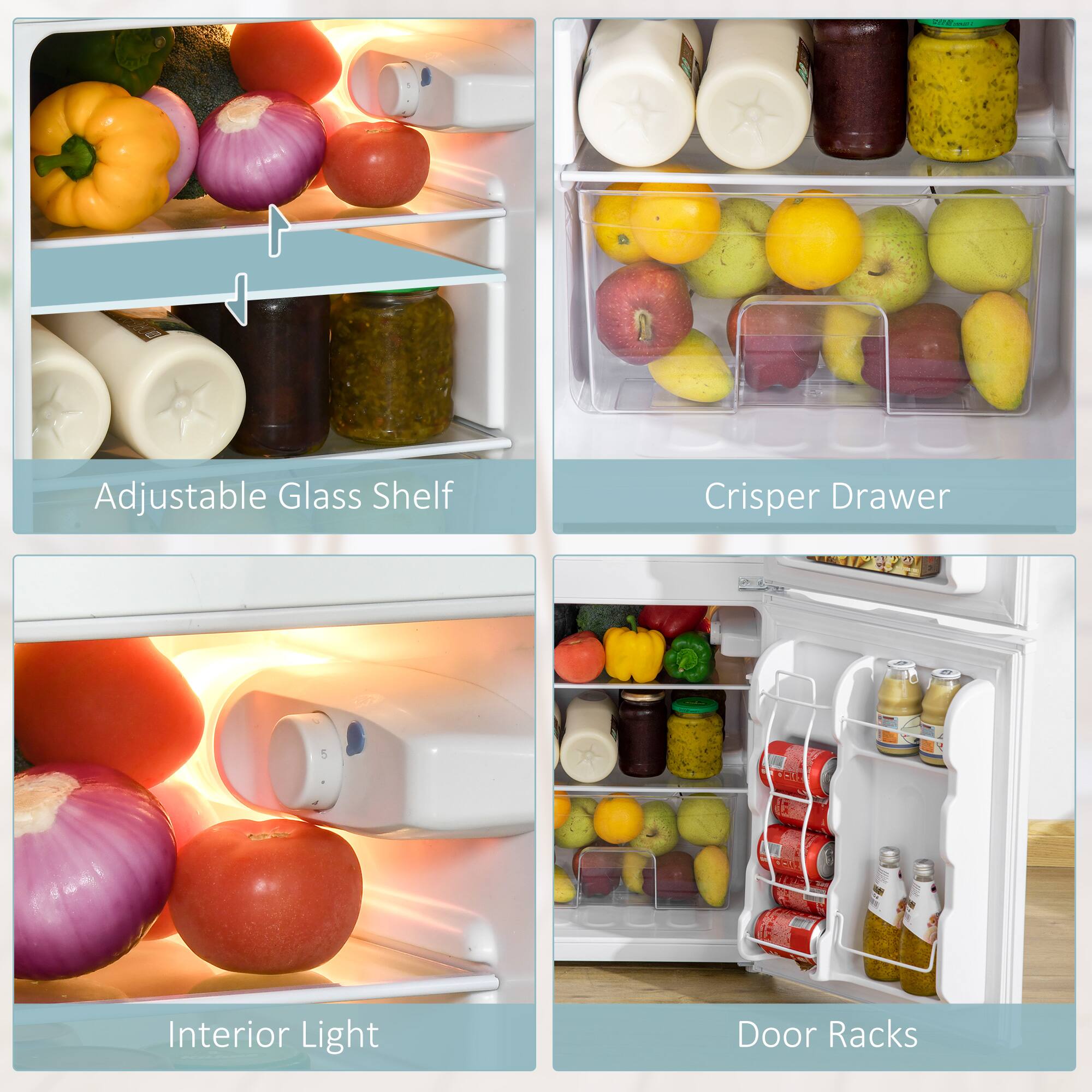 Adjustable Glass Shelf  
Crisper Drawer  
Interior Light  
Door Racks