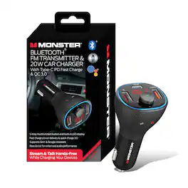 Monster - 20W Bluetooth FM Transmitter with USB and USB-C Charging Ports for Hands-Free Calls - Black