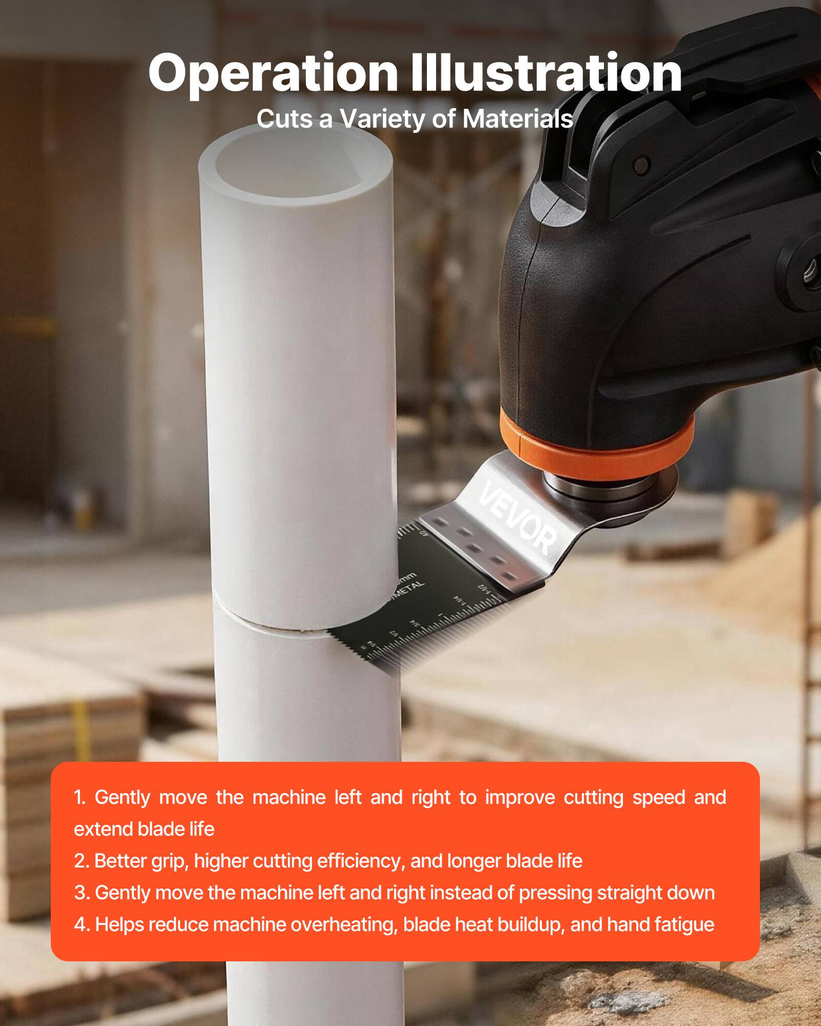 Operation Illustration  
Cuts a Variety of Materials  

1. Gently move the machine left and right to improve cutting speed and extend blade life  
2. Better grip, higher cutting efficiency, and longer blade life  
3. Gently move the machine left and right instead of pressing straight down  
4. Helps reduce machine overheating, blade heat buildup, and hand fatigue