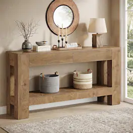 Tribesigns - 63" Farmhouse Console Table with 2 Drawers and Open Storage Shelf - Brown
