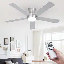 Domanki - 52" Flush Mount Ceiling Fan with Light and Remote Control, Brushed Nickel, 6 Speed Reversible DC Motor for Living Room - Silver