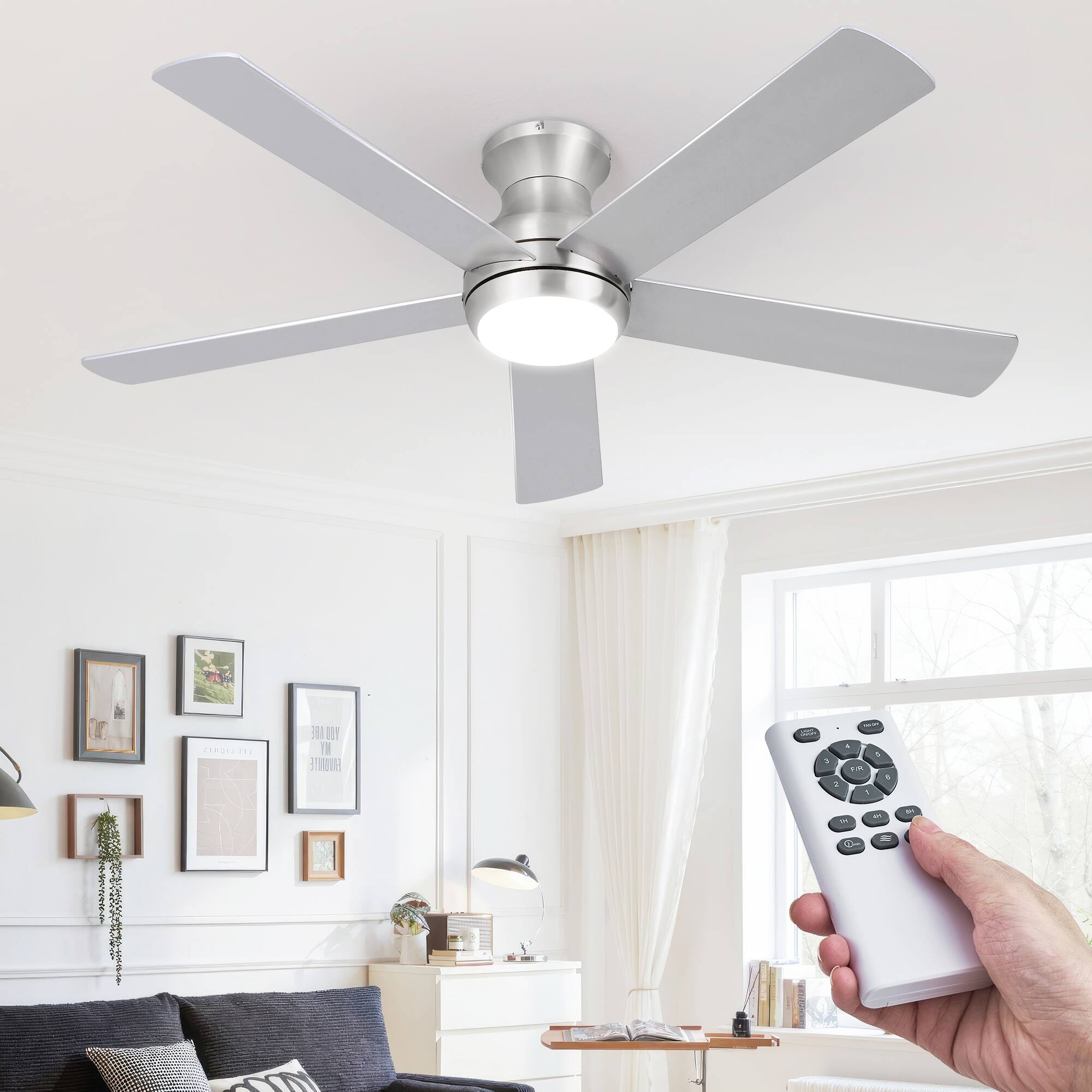 Domanki - 52" Flush Mount Ceiling Fan with Light and Remote Control, Brushed Nickel, 6 Speed Reversible DC Motor for Living Room - Silver