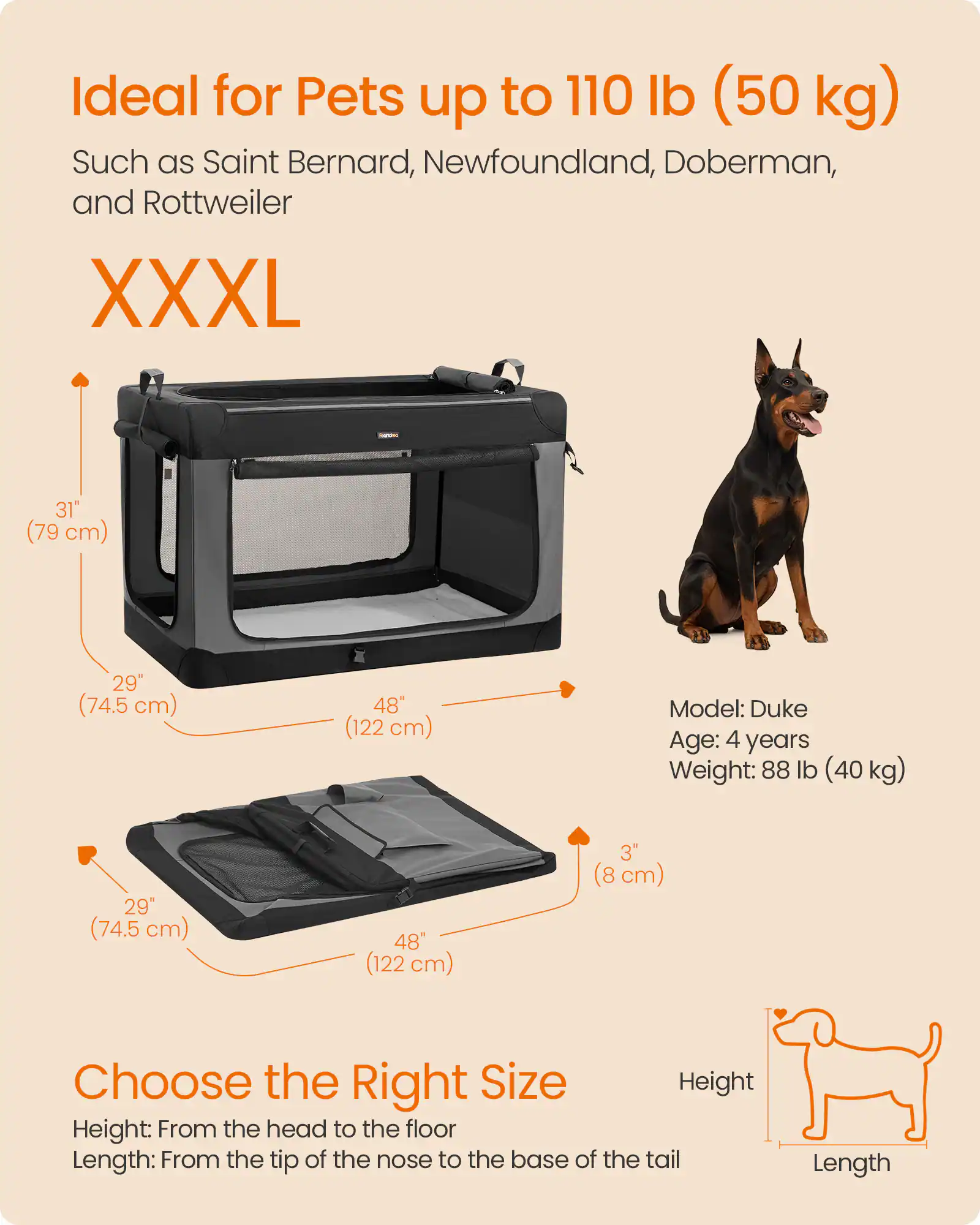 Ideal for Pets up to 110 lb (50 kg)  
Such as Saint Bernard, Newfoundland, Doberman, and Rottweiler  
XXXL  

31" (79 cm)  
29" (74.5 cm)  
48" (122 cm)  

Model: Duke  
Age: 4 years  
Weight: 88 lb (40 kg)  

Choose the Right Size  
Height: From the head to the floor  
Length: From the tip of the nose to the base of the tail
