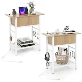 Costway - 2PCS End Table with Charging Station, USB Ports, Outlets, Storage Shelf for Bedroom - Rustic Brown & Black