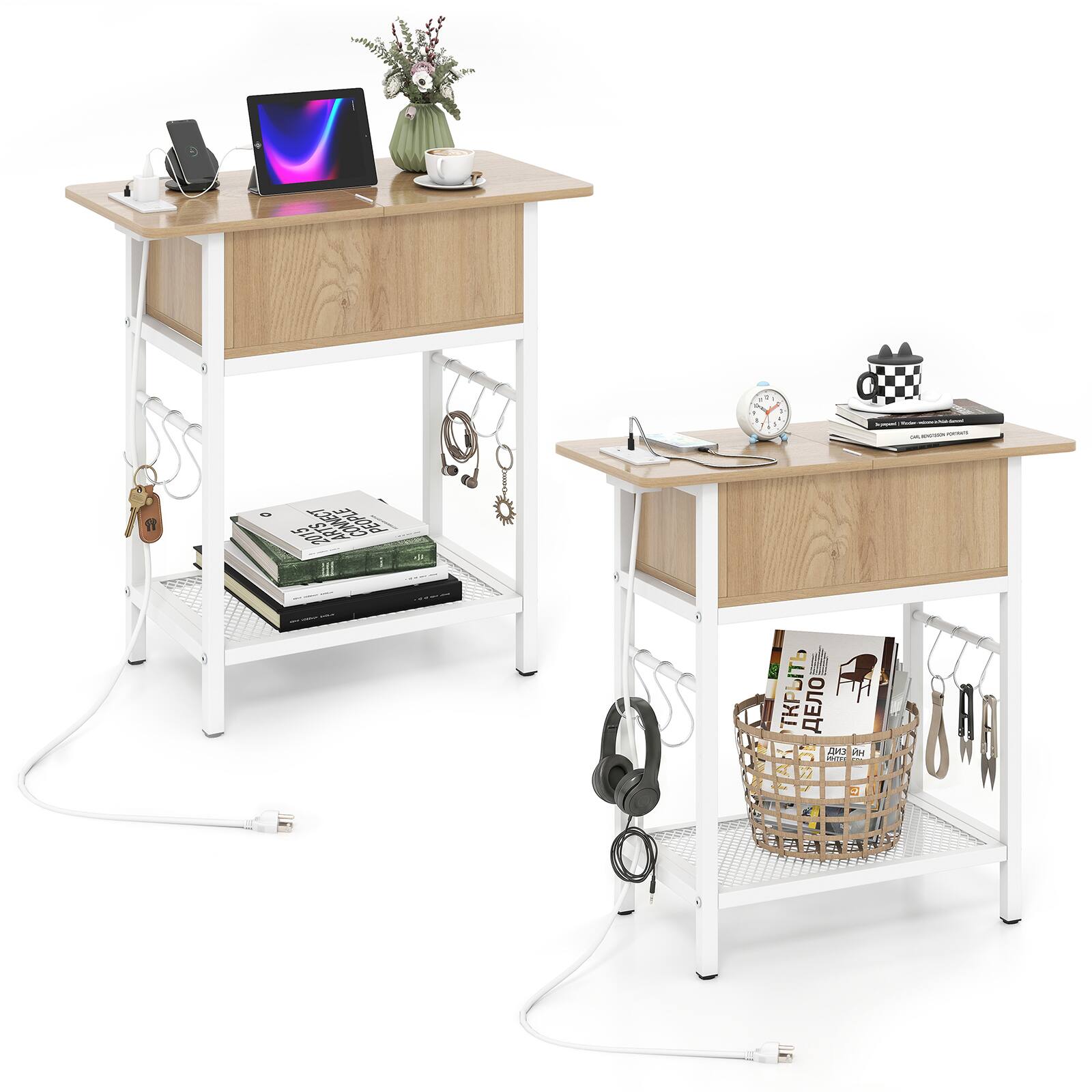 Front. Costway - Costway 2PCS End Table with Charging Station, USB Ports, Outlets, Storage Shelf for Bedroom - Rustic Brown & Black.