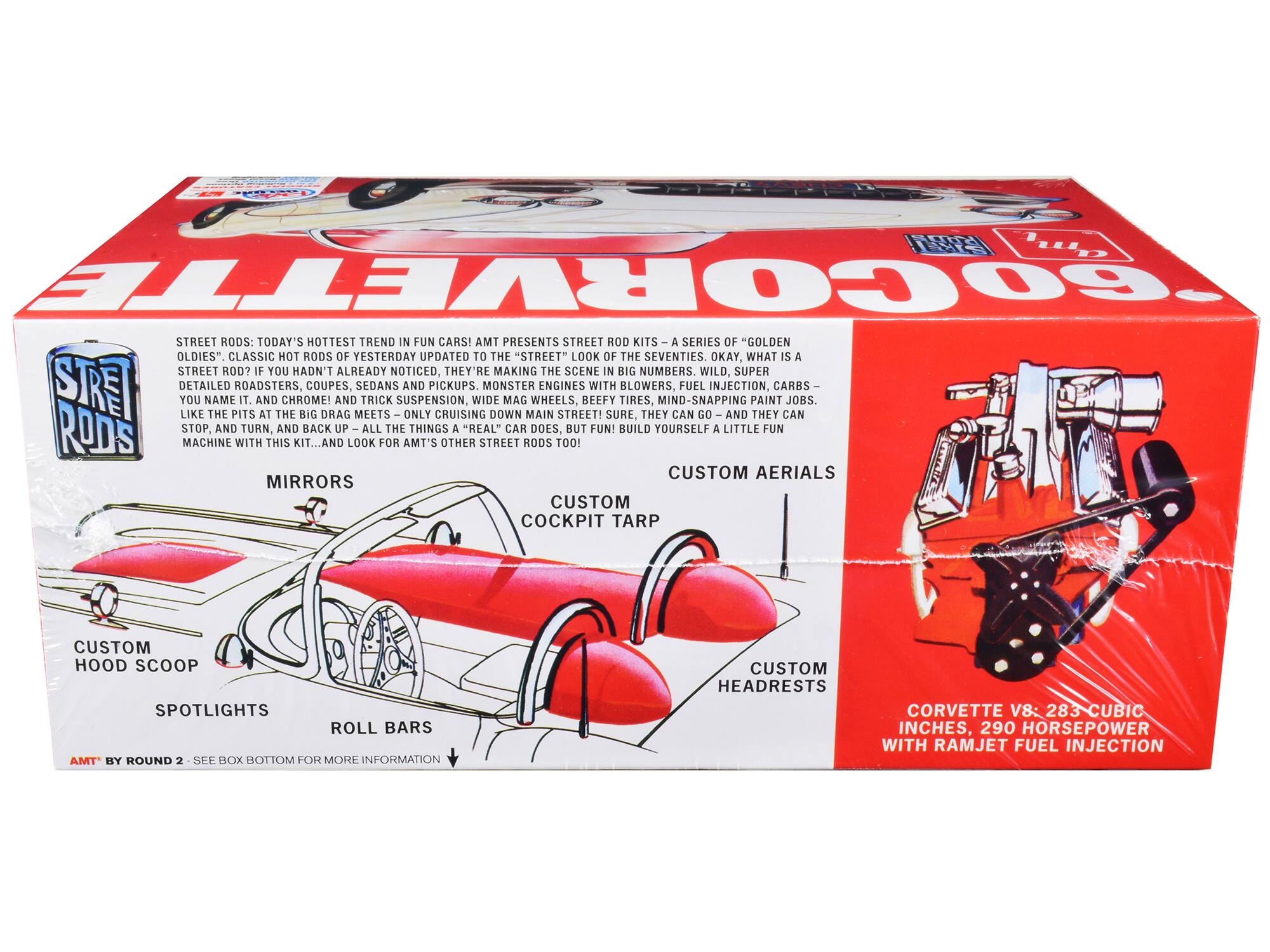 **Street Rods: Today's Hottest Trend in Fun Cars!**

AMT presents Street Rod Kits – a series of "Golden Oldies" classic hot rods of yesterday updated to the "street" look of the seventies. Okay, what is a street rod? If you hadn't already noticed, they're making the scene in big numbers. Wild, super detailed roadsters, coupes, sedans, and pickups. Monster engines with blowers, fuel injection, carbs – you name it. And chrome! And trick suspension, wide mag wheels, beefy tires, mind-snapping paint jobs. Like the pits at the big drag meets – only cruising down Main Street! Sure, they can go and they can stop and turn, and back up – all the things a "real" car does, but fun! Build yourself a little fun machine with this kit... and look for AMT's other street rods too!

**Custom Aerials**

**Mirrors**

**Custom Cockpit Tarp**

**Custom Headrests**

**Custom Hood Scoop**

**Spotlights**

**Roll Bars**

**Corvette V8: 283 Cubic Inches, 290 Horsepower with Ramjet Fuel Injection**

AMT by Round