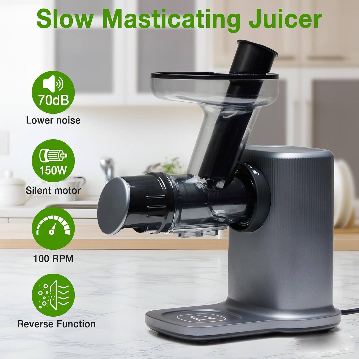 Slow Masticating Juicer

- 70dB Lower noise
- 150W Silent motor
- 100 RPM
- Reverse Function