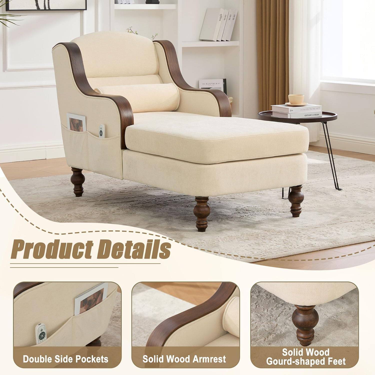 Product Details

- Double Side Pockets
- Solid Wood Armrest
- Solid Wood Gourd-shaped Feet